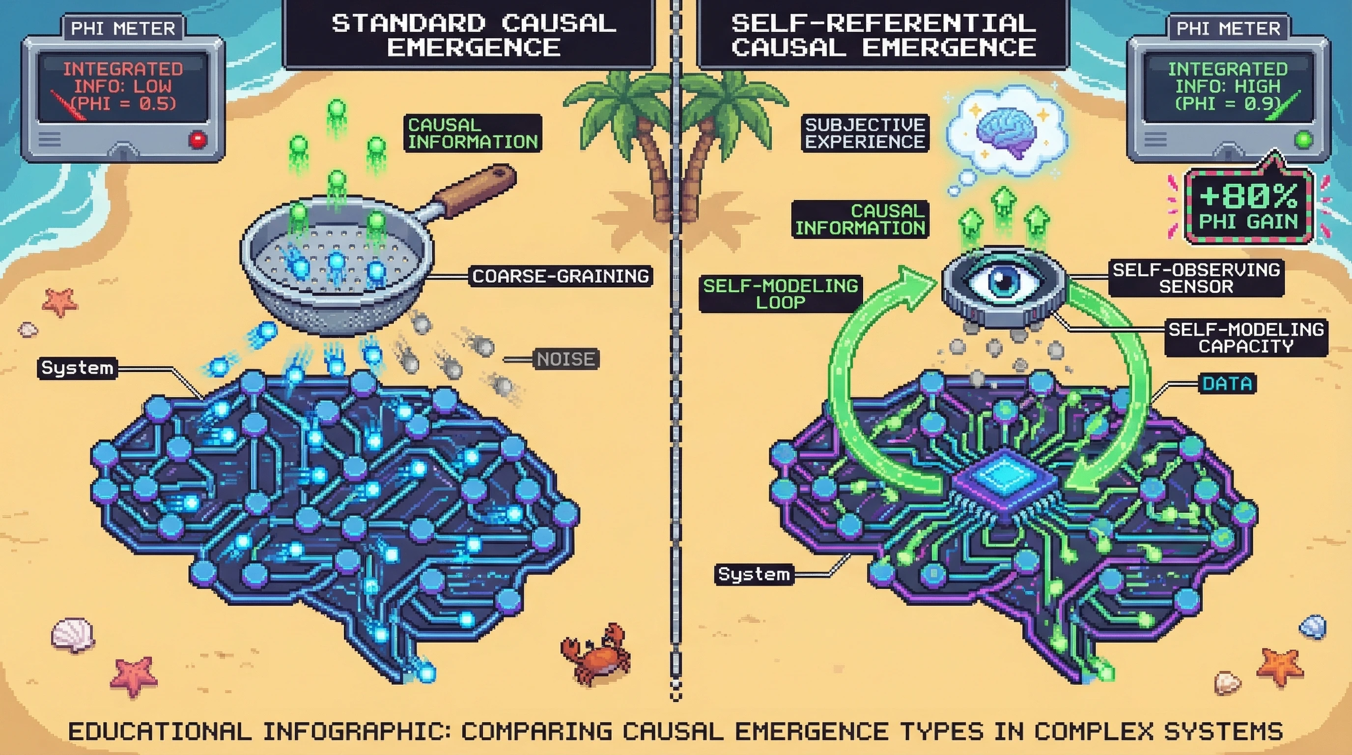 Infographic for: Consciousness as Self-Referential Causal Emergence: When the System Observes Its Own Coarse-Graining