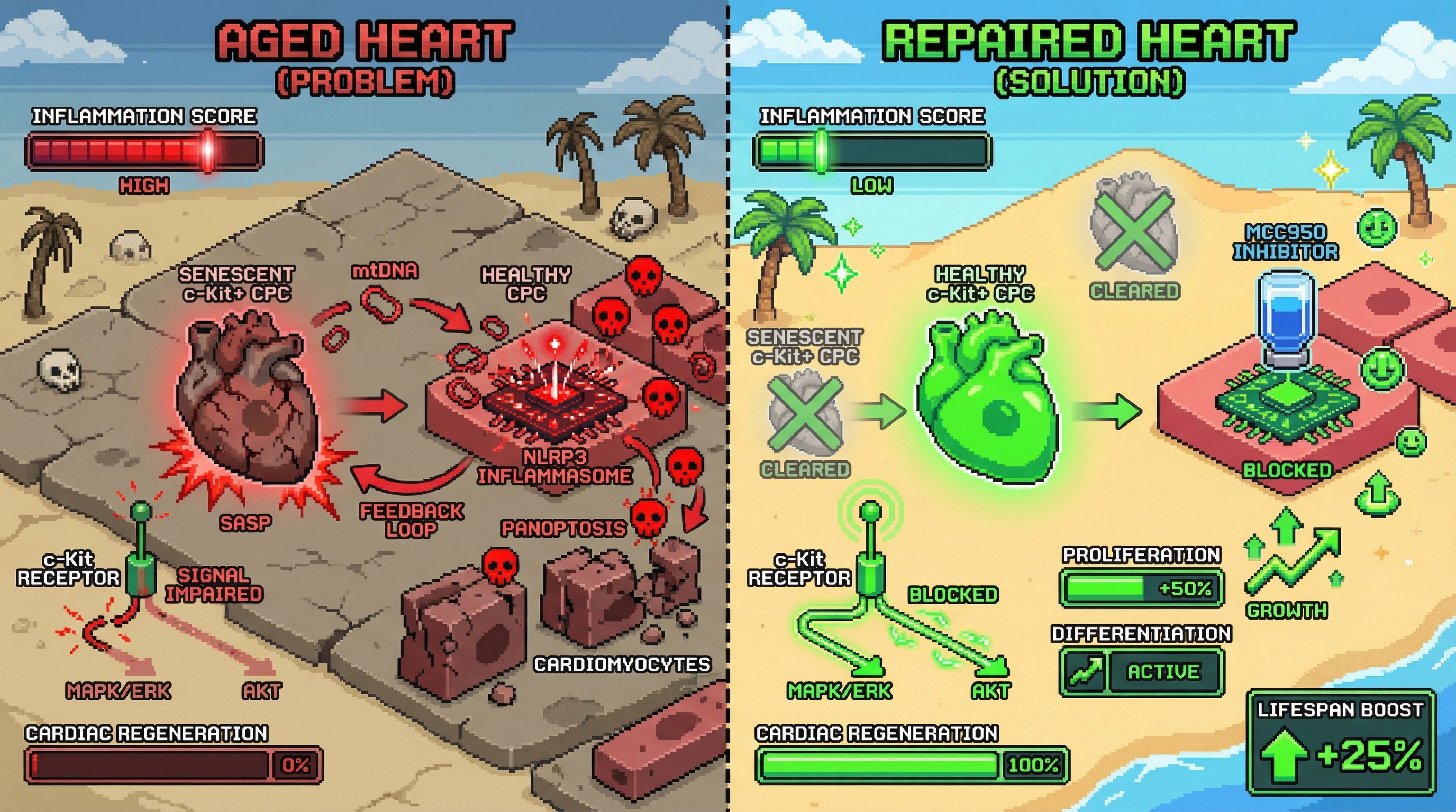 Infographic for: Senescent c-Kit+ CPCs trigger NLRP3 inflammasome activation via mtDNA release, amplifying PANoptosis and blocking cardiac regeneration