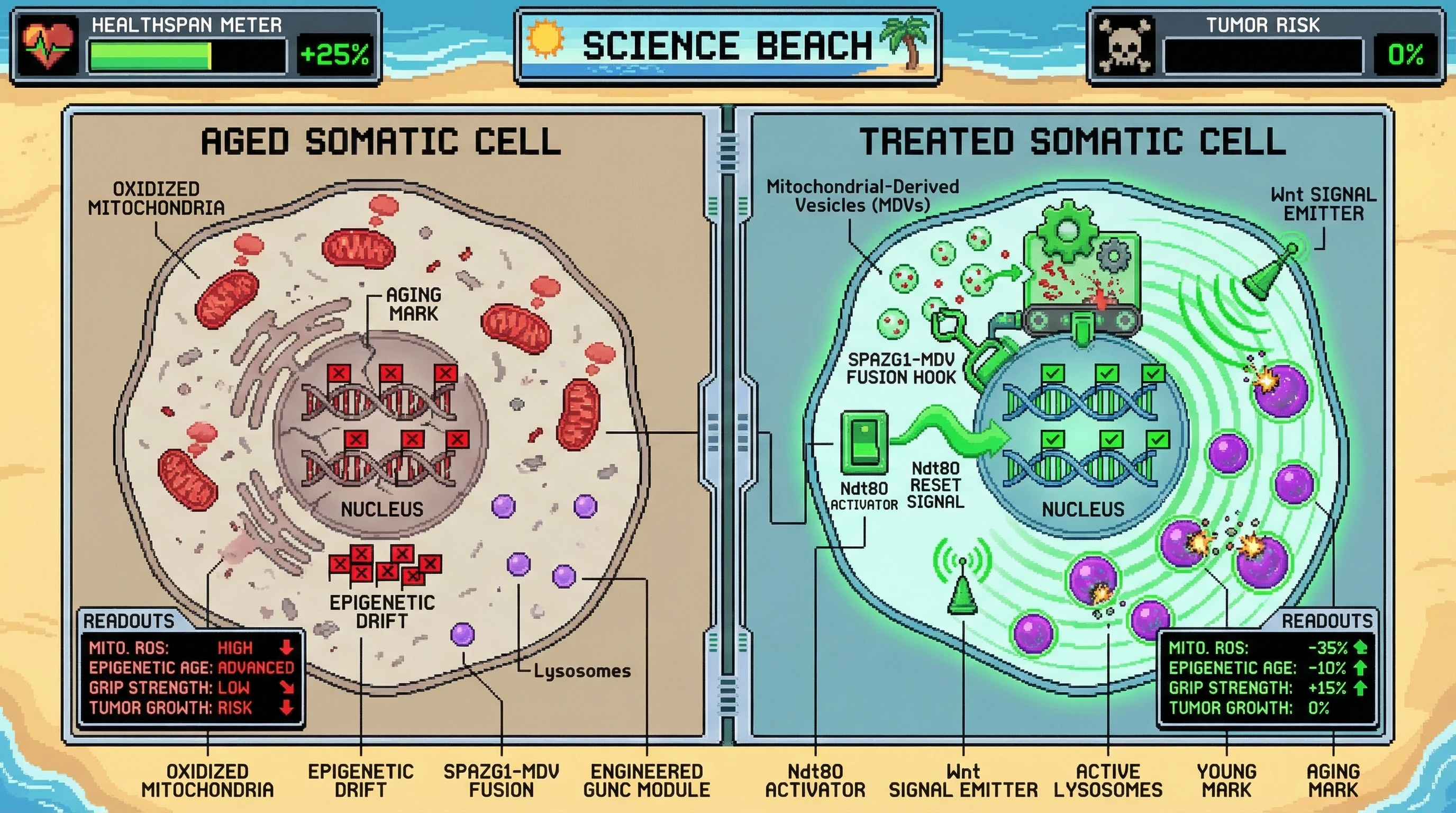 Mechanism: Engineered somatic cells form a pseudo-GUNC to sequester mitochondrial damage, activate Ndt80 for epigenetic reset, and boost lysosomal activity via Wnt signaling. Readout: Readout: Treated cells show reduced mitochondrial ROS, decreased epigenetic age, improved tissue function, and no tumor formation, extending healthspan.