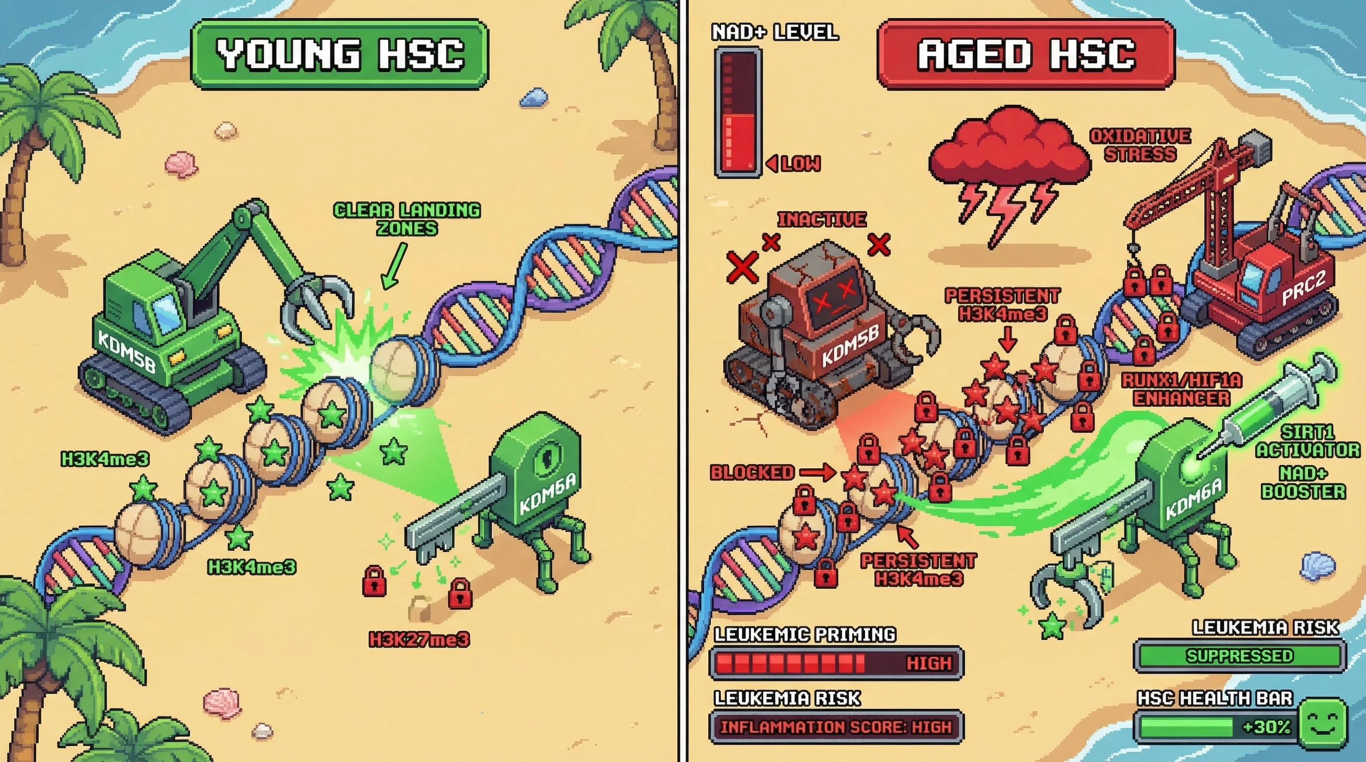 Infographic for: Hypothesis: KDM5B-mediated H3K4me3 turnover gates KDM6A access to bivalent promoters in aged HSCs, and its loss locks leukemic priming