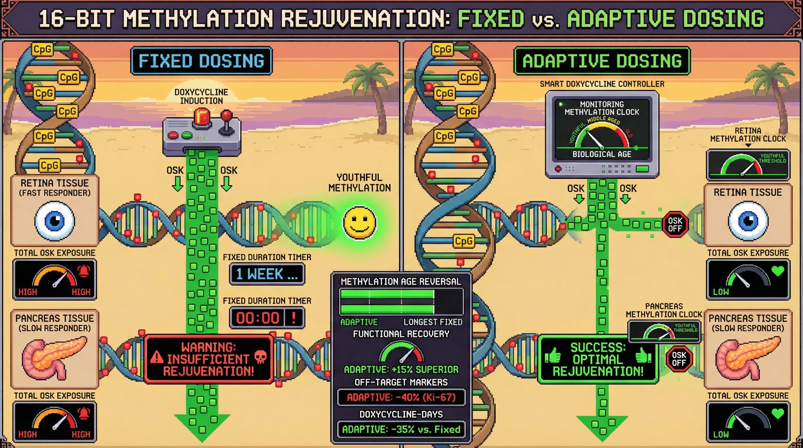 Mechanism: Adaptive OSK dosing monitors tissue-specific methylation clocks, stopping treatment when a youthful threshold is met to account for varying chromatin accessibility. Readout: Readout: This approach achieves comparable methylation age reversal and superior functional recovery with ~35% less OSK exposure and 40% fewer off-target markers.