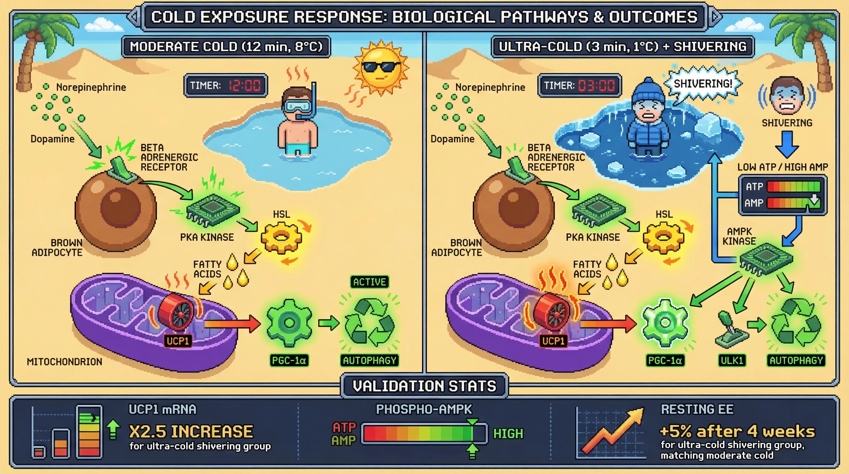Mechanism: Ultra-cold exposure combined with shivering activates AMPK, which accelerates the PGC-1α/UCP1/autophagy pathway, mimicking longer moderate cold. Readout: Readout: This short, intense exposure leads to a 2.5-fold increase in UCP1 mRNA and a 5% increase in resting energy expenditure, comparable to traditional methods.