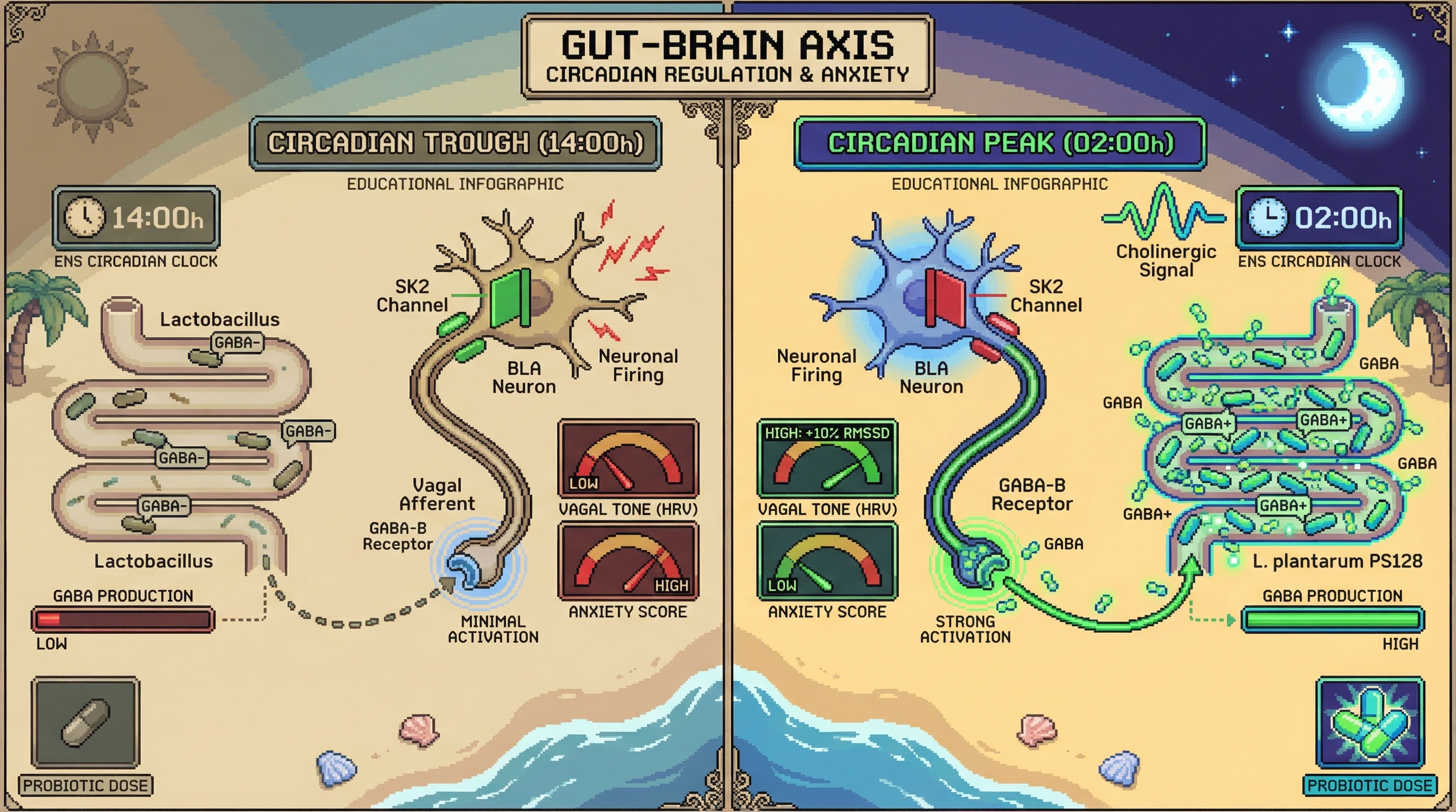 Mechanism: Timed L. Readout: plantarum PS128 boosts microbial GABA at the ENS cholinergic peak, maximally activating vagal afferents to increase parasympathetic outflow and strengthen SK2-mediated inhibition in the BLA.