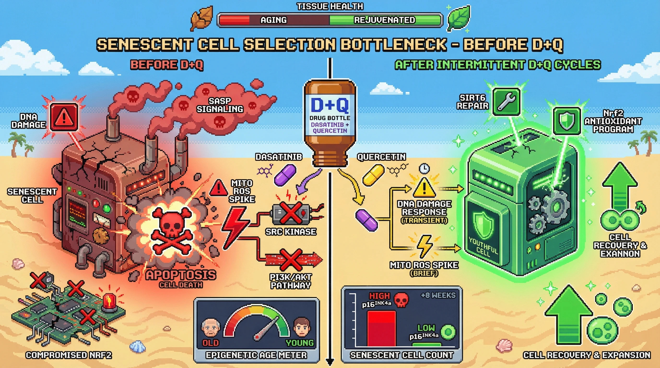 Mechanism: Intermittent Dasatinib+Quercetin (D+Q) treatment creates a selection pressure, causing senescent cells with impaired repair to undergo apoptosis while healthy cells activate repair pathways and recover. Readout: Readout: This leads to a reduction in senescent cell markers like p16INK4a and a decrease in epigenetic age over 8 weeks, resulting in rejuvenated tissue.