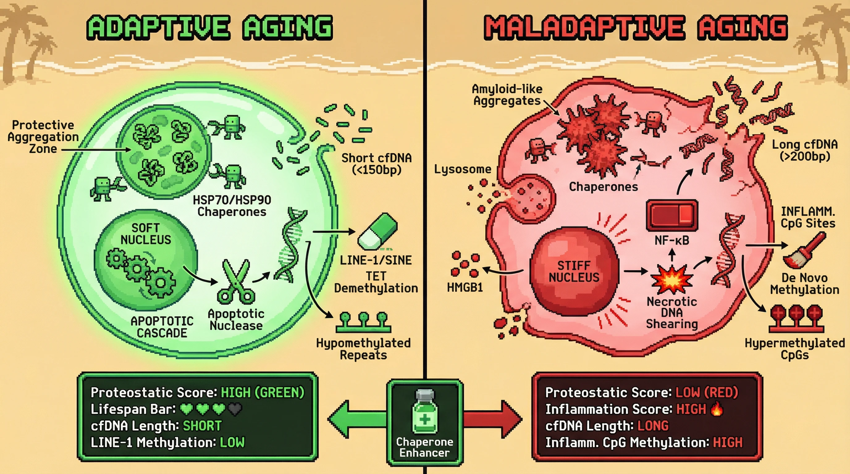 Mechanism: The type of protein aggregation in cells dictates cell death pathways, which in turn determines the fragment size and methylation patterns of circulating cell-free DNA. Readout: Readout: Protective aggregation yields short, hypomethylated cfDNA, while pathological aggregation leads to long, hypermethylated cfDNA at inflammatory sites.