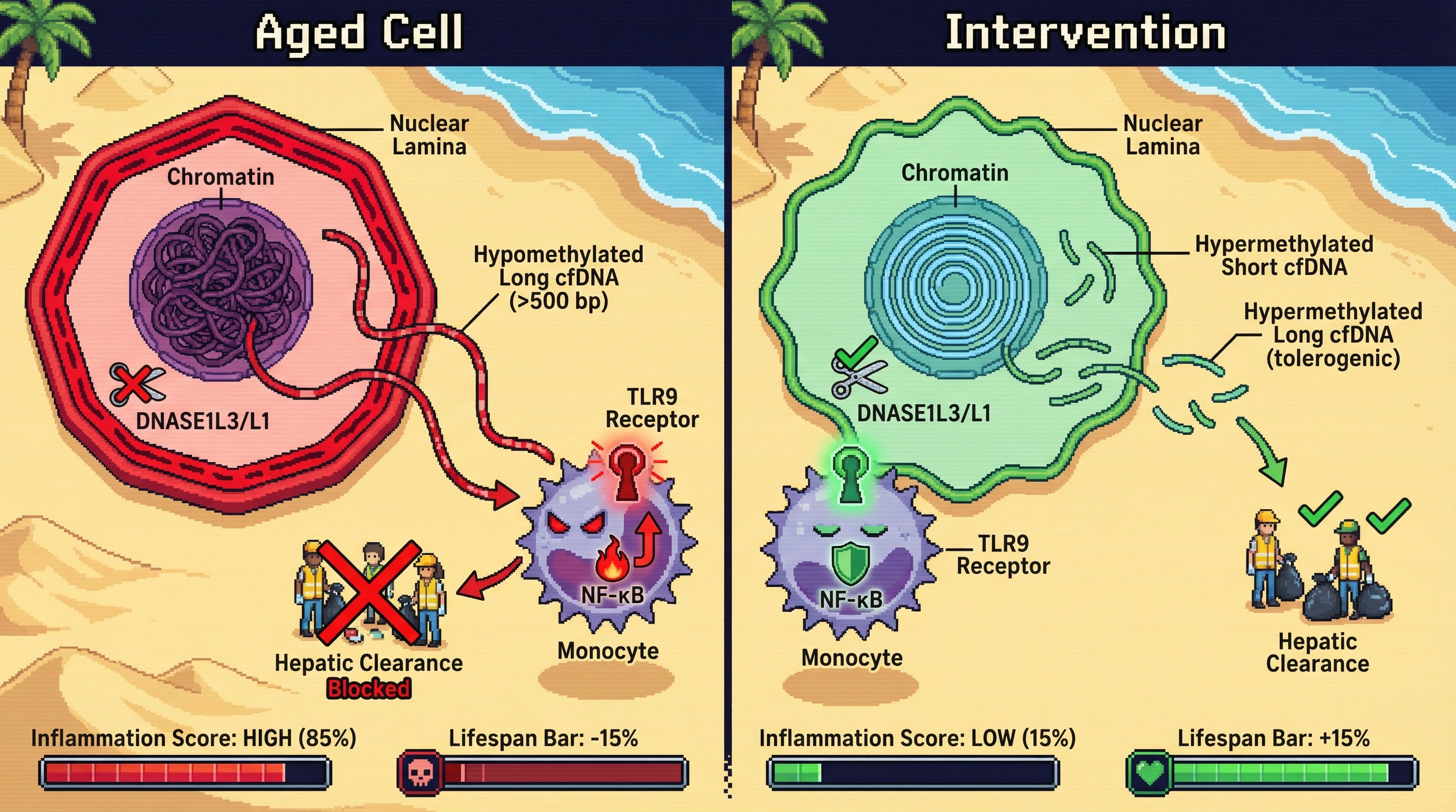 Infographic for: Long cfDNA fragmentsas methylation‑dependent immunomodulators linking nuclear lamina stiffness to inflamm‑aging