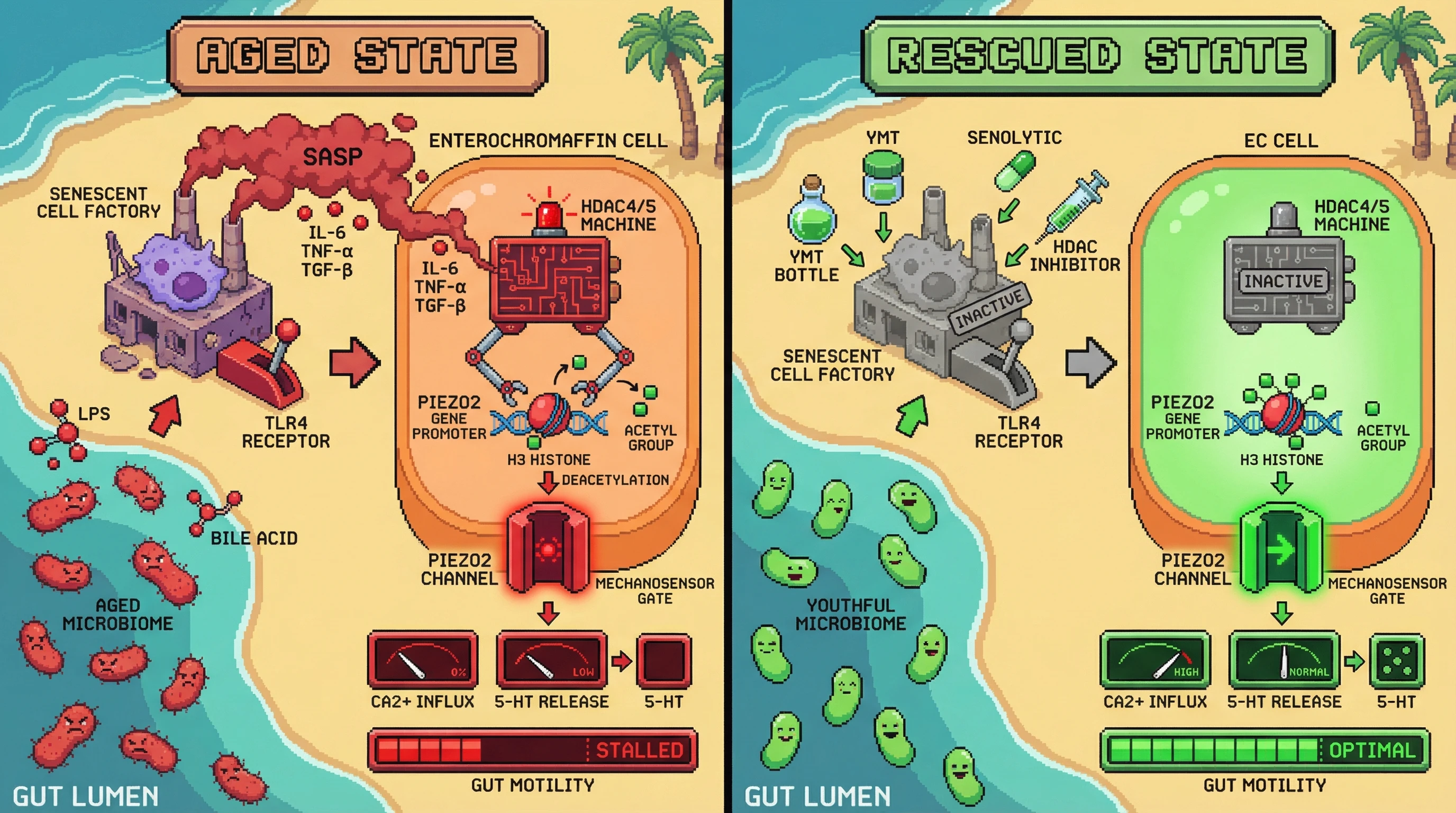Infographic for: Age‑Associated Senescent Signaling Silences Piezo2 in Enterochromaffin Cells, Linking Microbiome‑Driven Inflammation to Motility Decline