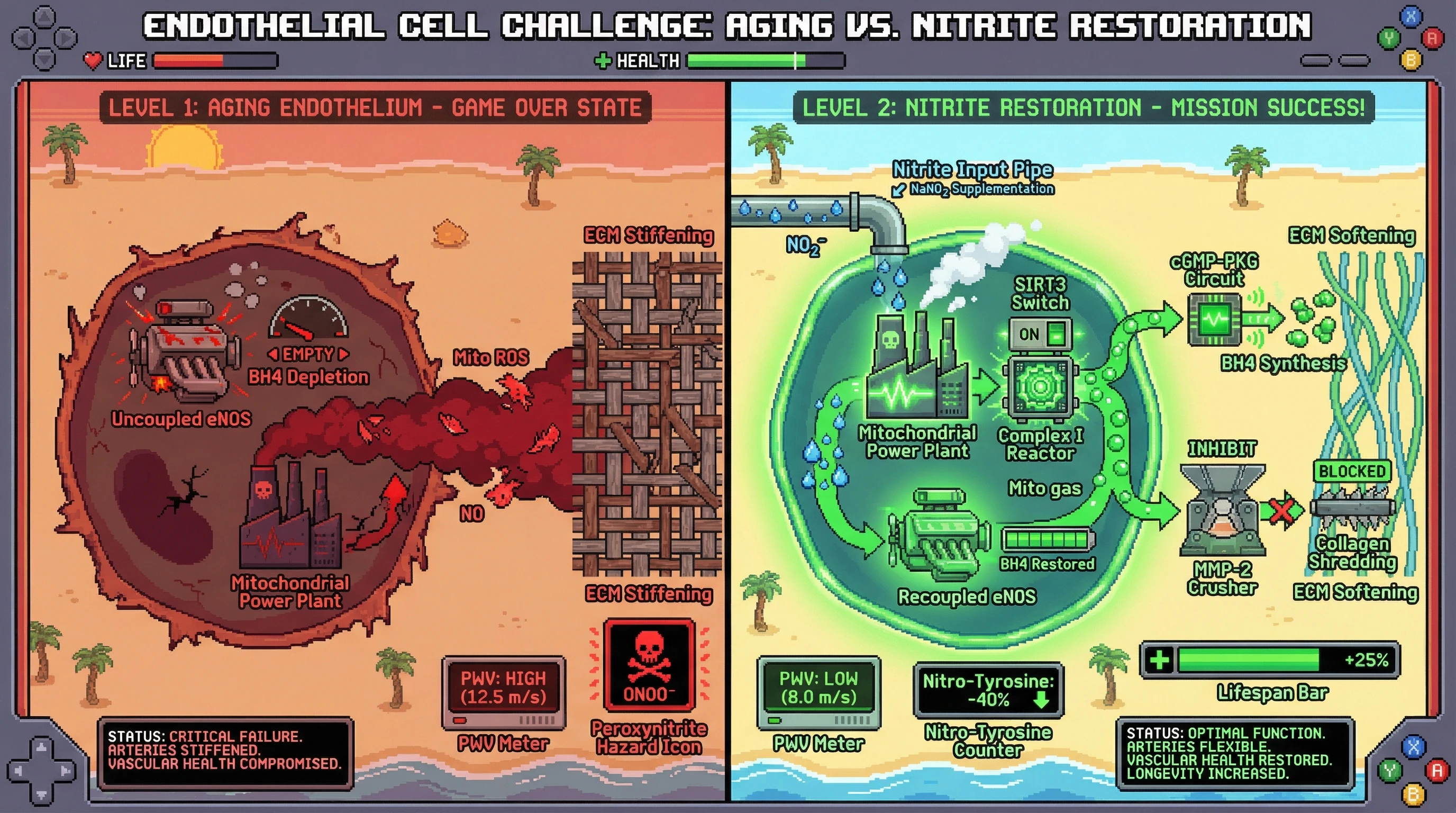 Infographic for: Mitochondrial Nitrite Reduction as a Compensatory NO Source that Modulates Arterial Stiffness via SIRT3‑Dependent eNOS Recoupling