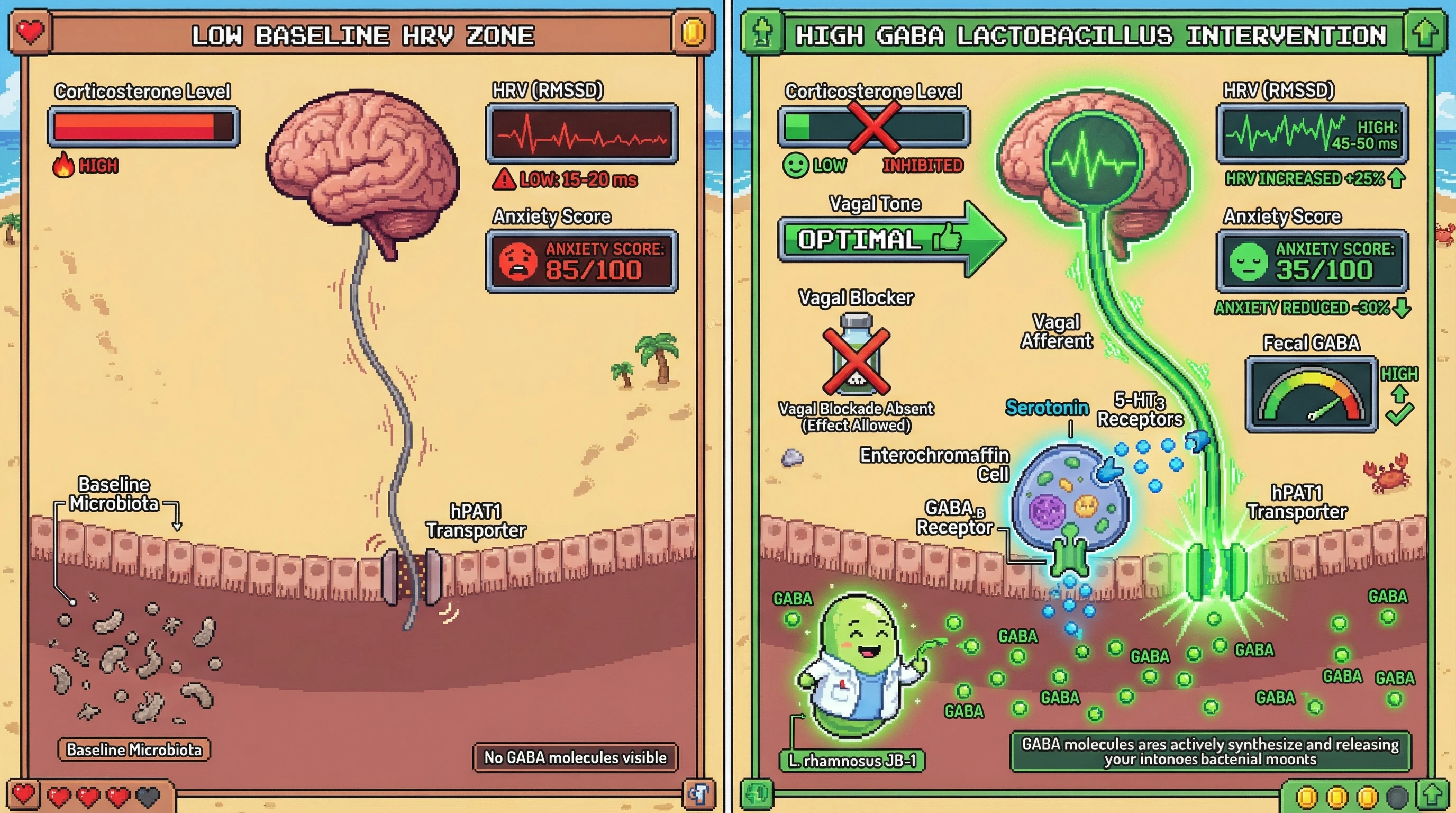 Infographic for: Baseline heart‑rate variability predicts strain‑specific anxiety reduction via Lactobacillus‑derived GABA and intestinal hPAT1‑mediated vagal activation