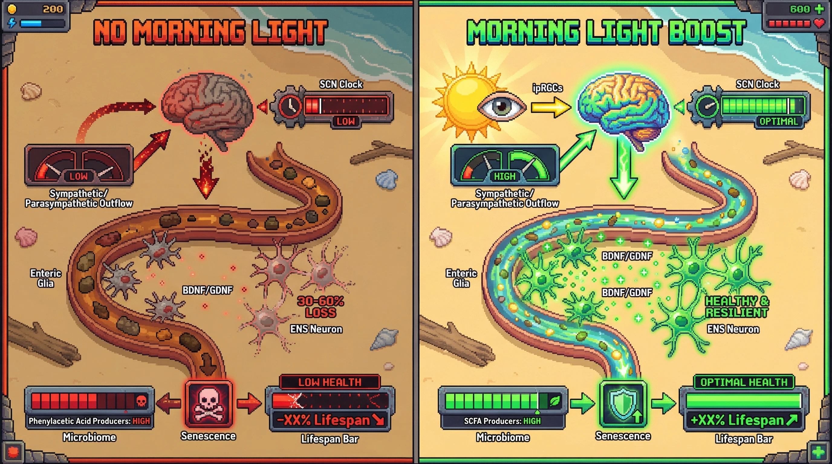 Mechanism: Morning light exposure activates the central circadian clock, boosting autonomic outflow to the gut, which in turn stimulates enteric glia to support ENS neuron survival. Readout: Readout: This preserves ENS integrity and a youthful microbiome, leading to a visible increase in the 'Lifespan Bar' and a shift from senescence-inducing to SCFA-producing microbiota.