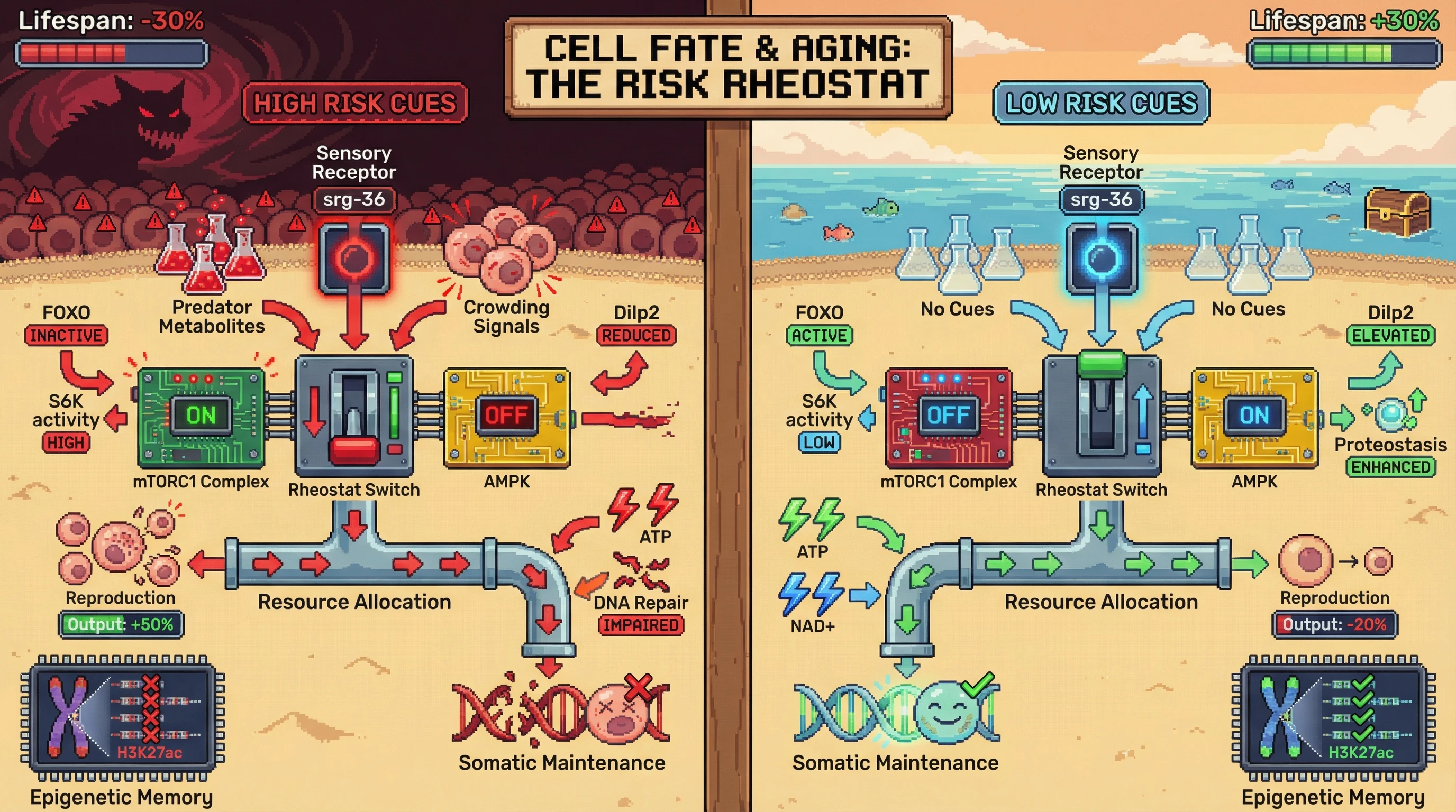 Mechanism: The rheostat model proposes that extrinsic mortality cues (e.g., predators, crowding) activate nutrient-sensing pathways like mTORC1, shifting resource allocation from somatic maintenance to rapid reproduction. Readout: Readout: This leads to accelerated aging and reduced lifespan under high-risk conditions, and extended lifespan with enhanced maintenance under low-risk conditions, with measurable changes in reproductive output and epigenetic markers.