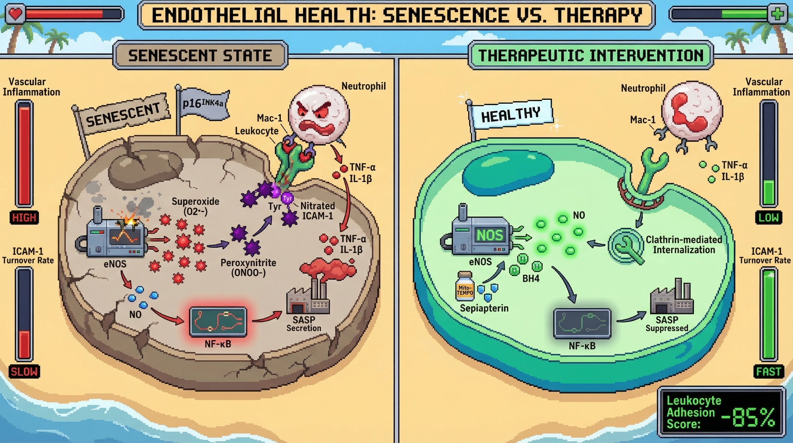 Mechanism: In senescent endothelial cells, eNOS uncoupling leads to peroxynitrite-mediated nitration of ICAM-1, enhancing leukocyte adhesion and fueling inflammation. Readout: Readout: Interventions like mito-TEMPO or sepiapterin reduce ICAM-1 nitration, accelerate its turnover, and decrease leukocyte adhesion by 85%.