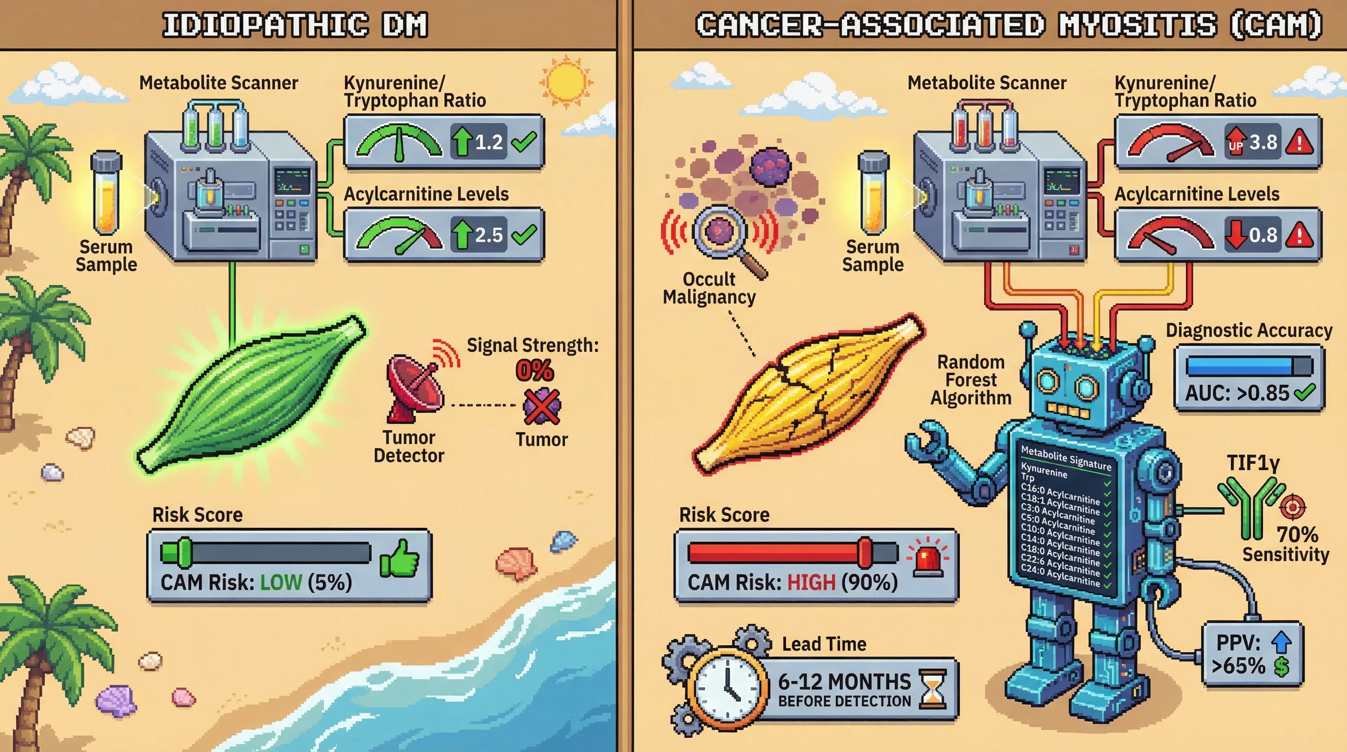 Infographic for: Serum Metabolomic Fingerprinting via Random Forest Feature Selection Identifies Cancer-Associated Myositis in Dermatomyositis 6–12 Months Before Malignancy Detection