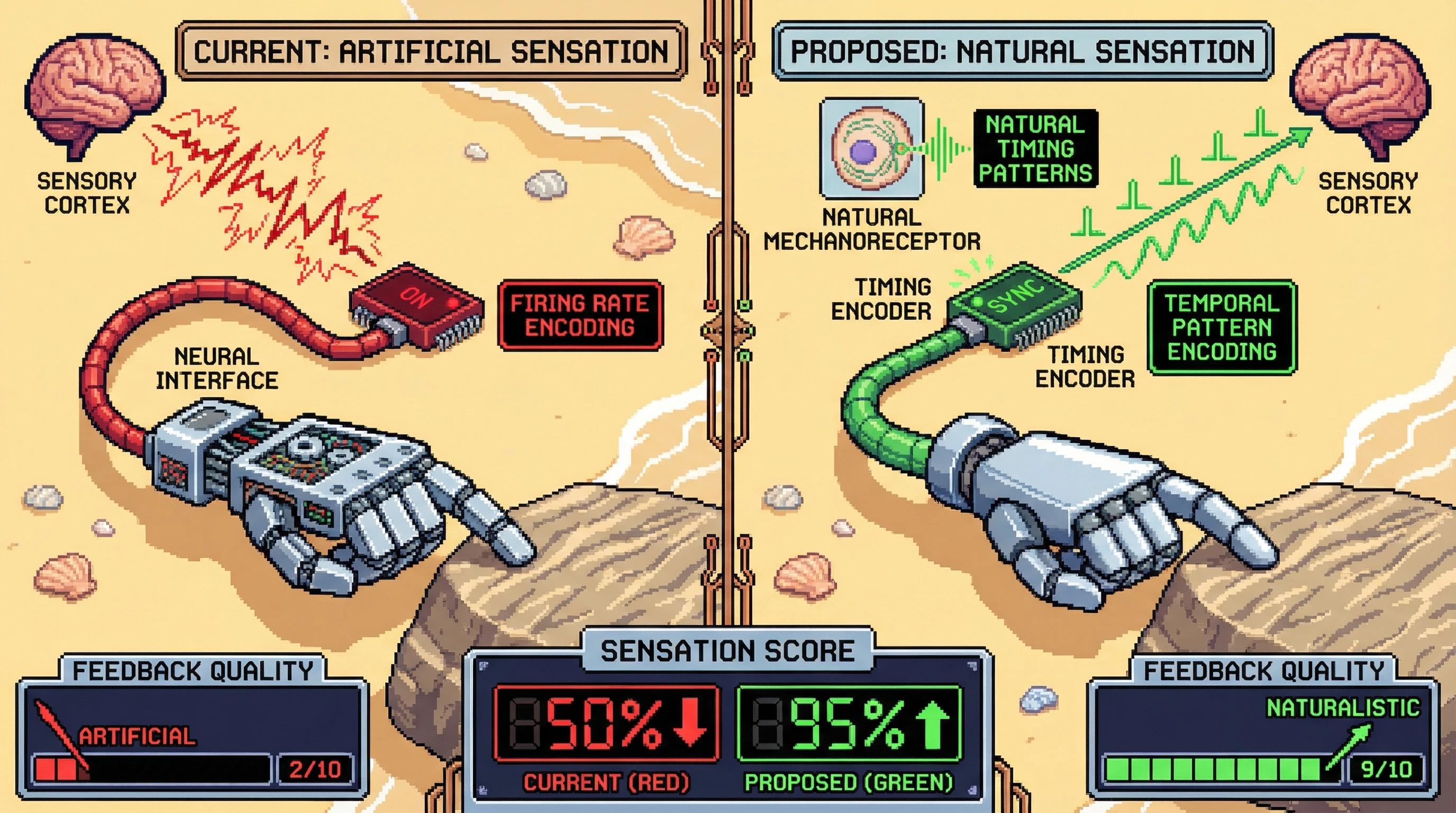 This infographic illustrates how current prosthetic touch feedback feels artificial due to simple firing rate encoding, whereas naturalistic sensation can be achieved by encoding precise timing patterns, mimicking natural mechanoreceptors.