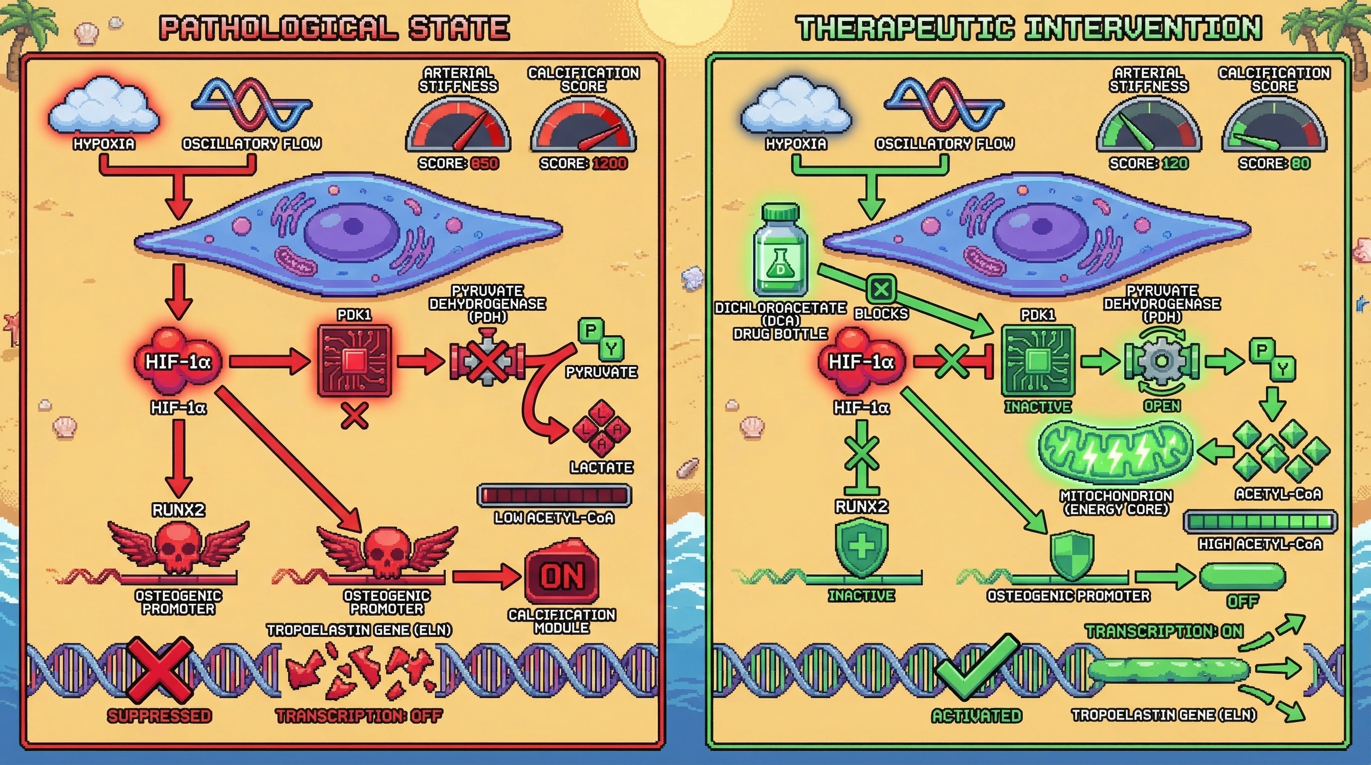 Infographic for: Hypothesis: VSMC metabolic reprogramming via HIF-1α–PDK1 axis suppresses tropoelastin transcription and promotes osteogenic trans‑differentiation, driving arterial stiffness and calcification