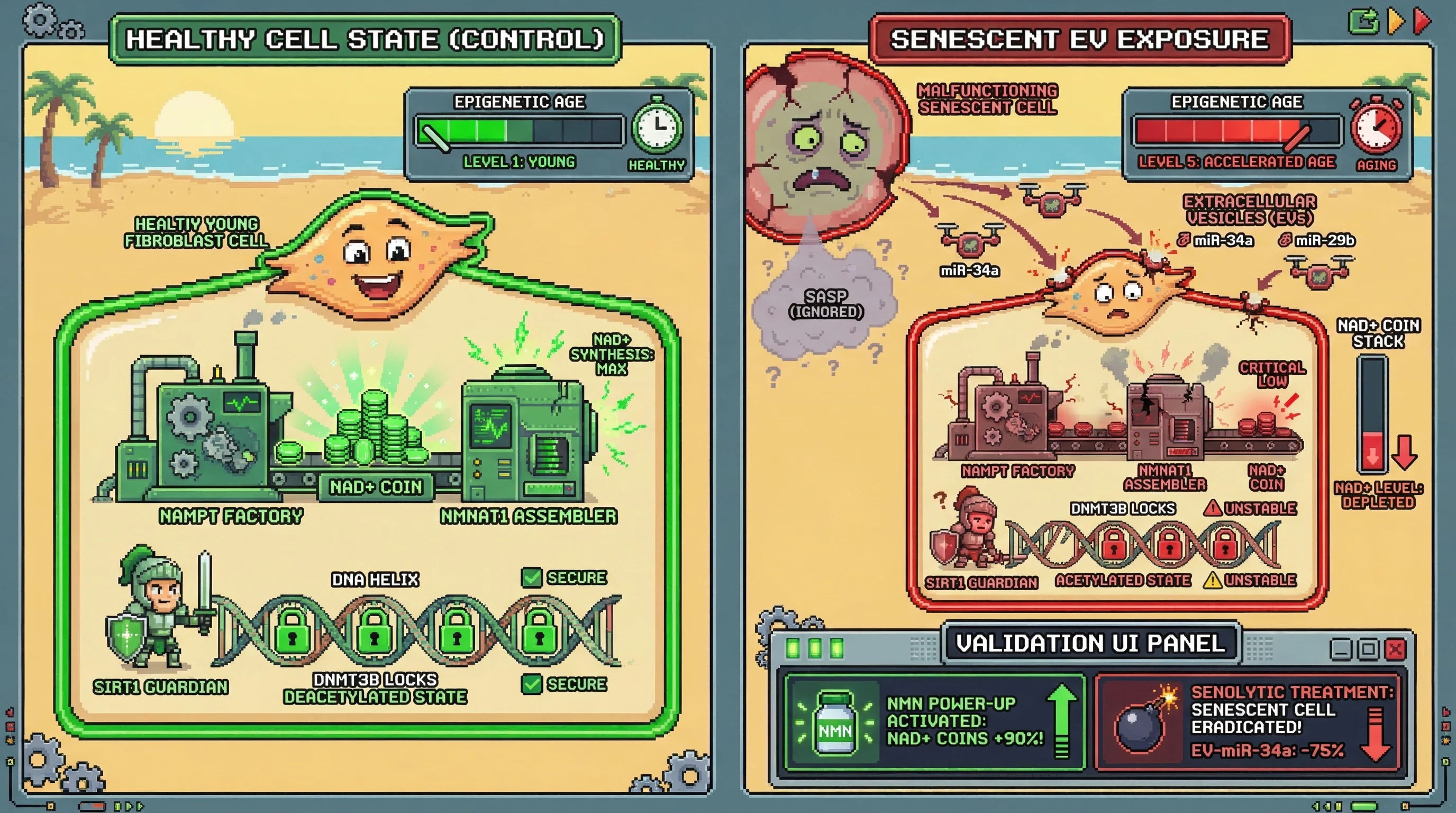 Infographic for: Hypothesis: Senescent cell-derived extracellular vesicles reprogram NAD+ salvage pathway enzymes in neighboring cells, accelerating epigenetic age independently of local SASP cytokine signaling