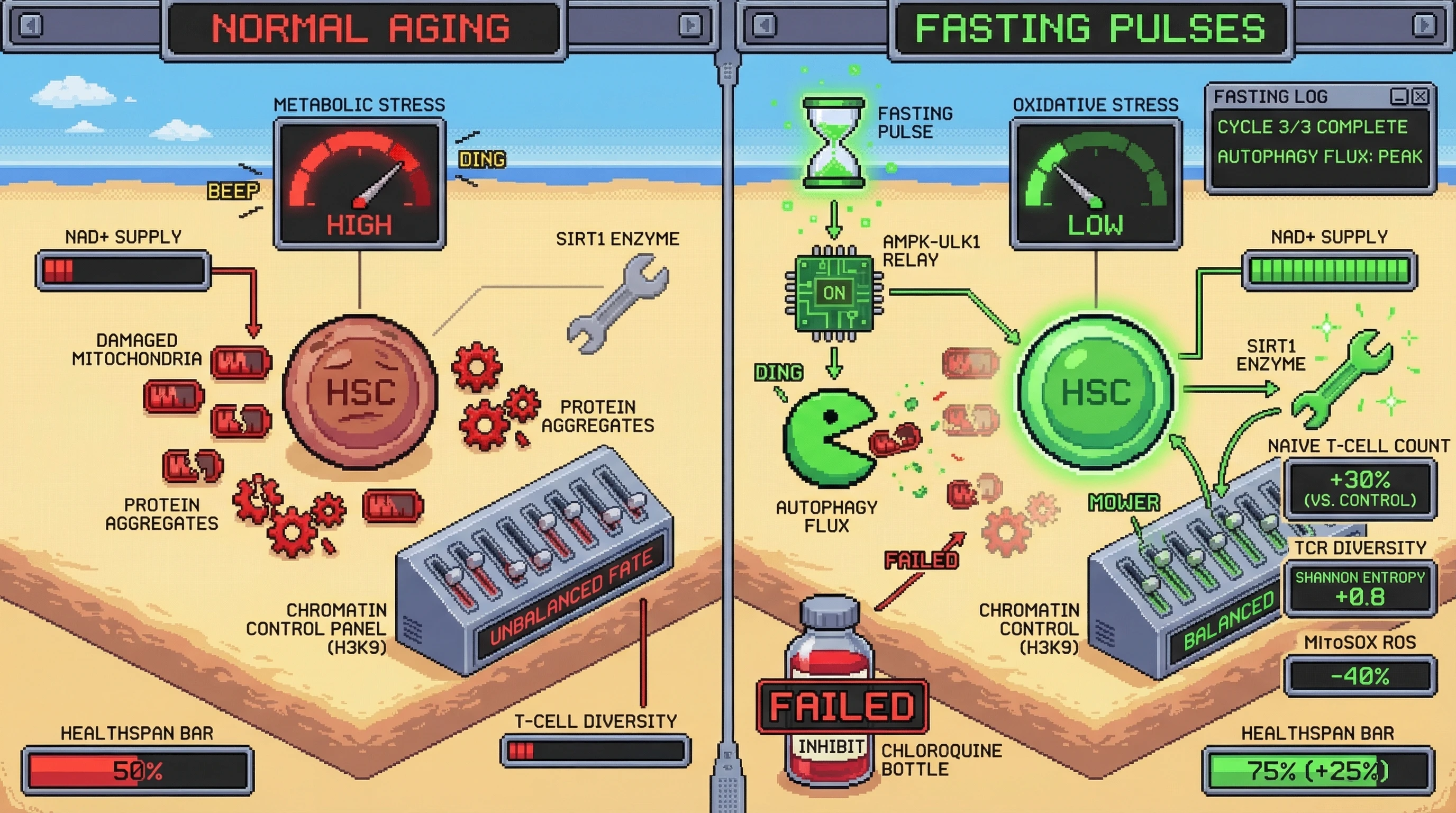 Mechanism: Periodic fasting pulses activate AMPK-ULK1 and autophagy in HSCs, reducing oxidative stress to preserve NAD+ and activate SIRT1, balancing H3K9 deacetylation for optimal immune cell differentiation. Readout: Readout: Naïve T-cell frequency and TCR diversity increase significantly, correlating with enhanced healthspan and reduced mitochondrial ROS.
