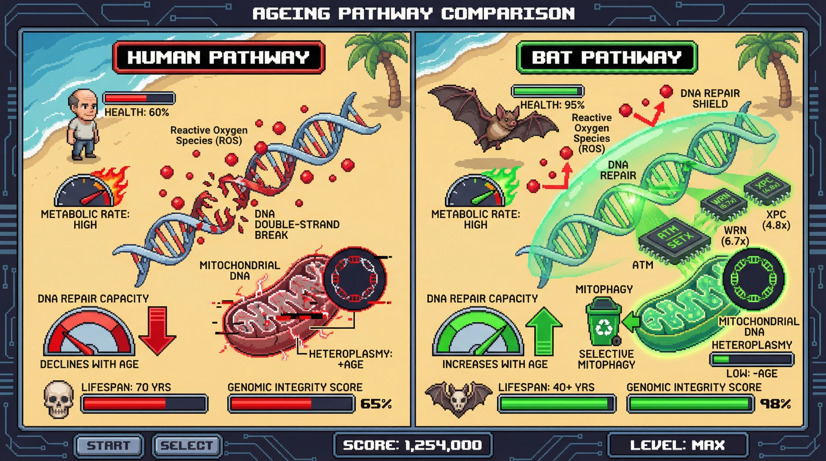 This infographic compares the DNA repair mechanisms of humans and long-lived bats, illustrating how bats enhance genomic integrity and increase DNA repair capacity with age despite high metabolic rates, contrasting with human decline.