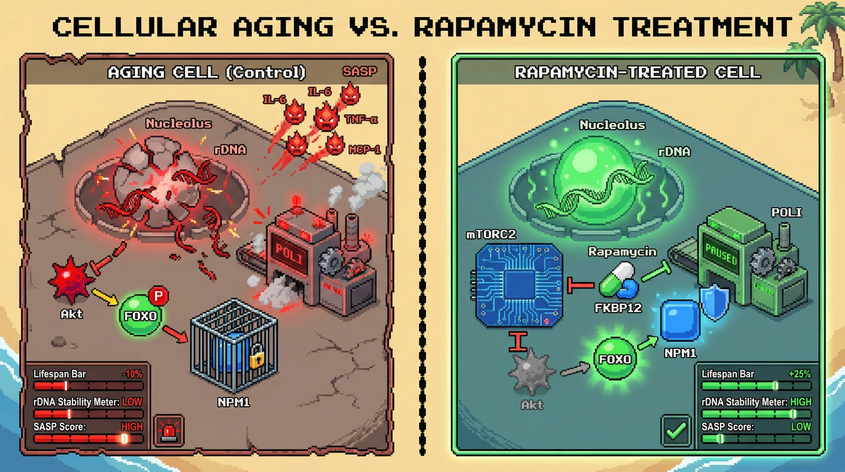 Infographic for: Rapamycin extends lifespan by stabilizing ribosomal DNA and suppressing SASP through a nucleolar stress pathway that operates independently of mTORC1