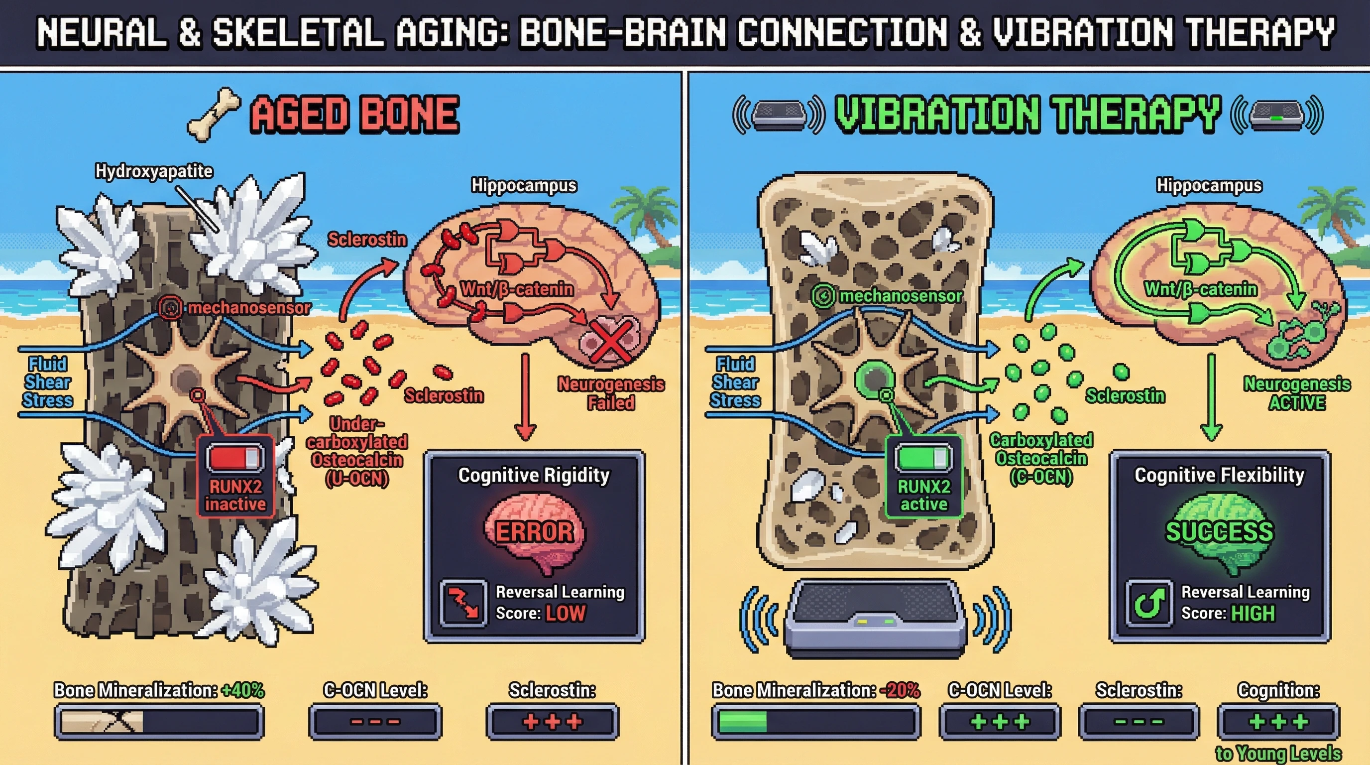 Mechanism: Low-magnitude vibration reduces age-related bone hypermineralization, restoring osteocyte mechanosensing, which increases carboxylated osteocalcin and decreases sclerostin. Readout: Readout: This intervention improves hippocampal neurogenesis and reverses cognitive rigidity, rescuing reversal-learning performance to young-adult levels.