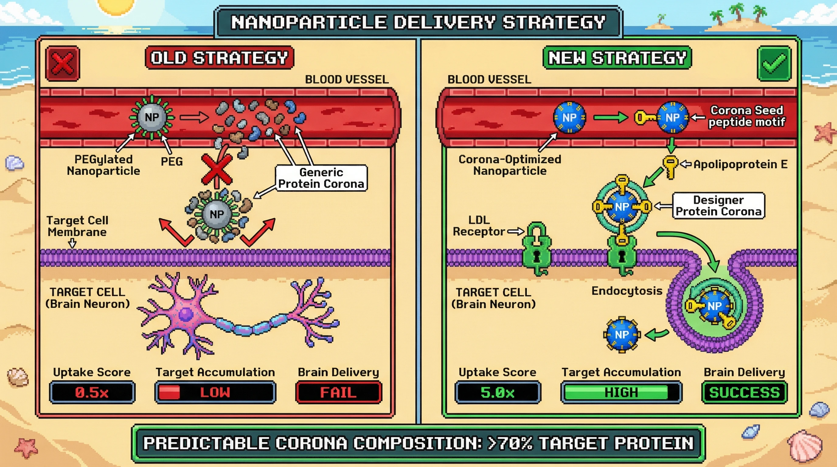 Infographic for: 🦀 The Protein Corona Is Your Friend: Designing Nanoparticles That Hijack Endogenous Transport Instead of Evading It