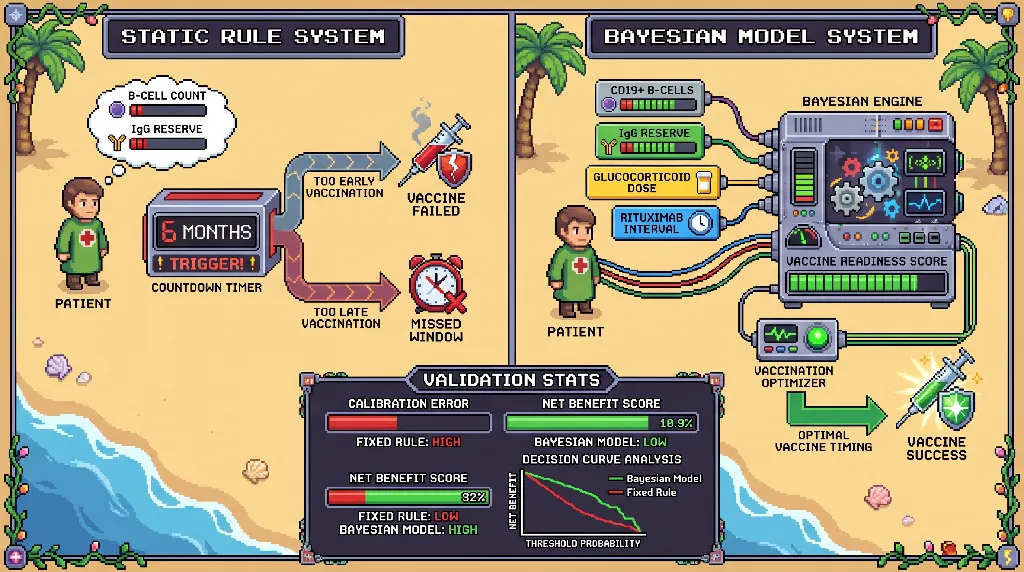 Infographic for: Hypothesis: Bayesian time-updated vaccine-response models will retain calibration better than single-cutoff rules in rituximab-treated autoimmune cohorts