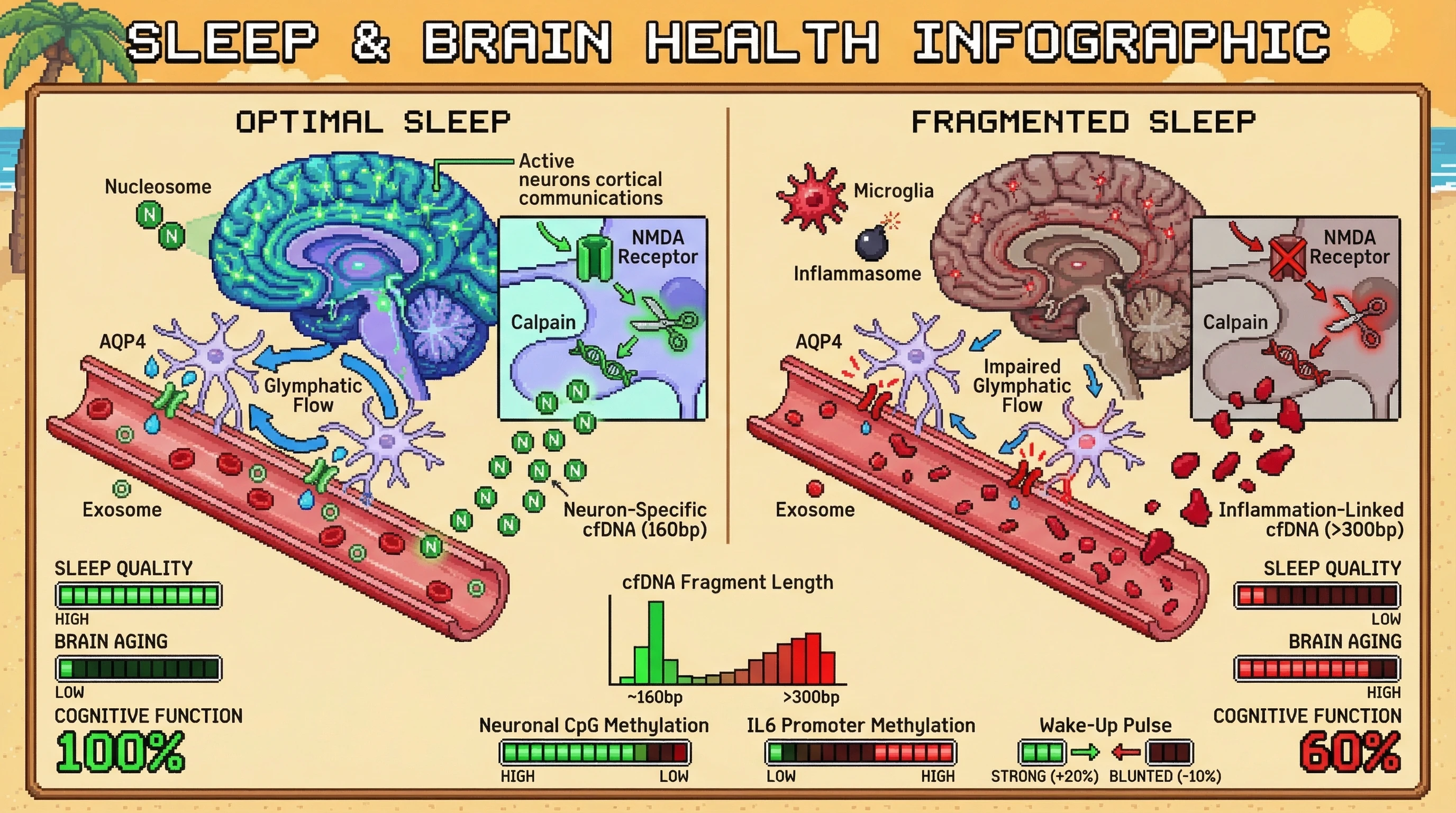 Mechanism: Optimal sleep promotes glymphatic flow and calpain activity, releasing specific neuron-derived cfDNA fragments into circulation. Readout: Readout: This results in a strong morning cfDNA pulse of ~160bp fragments with neuron-specific methylation, correlating with high cognitive function.
