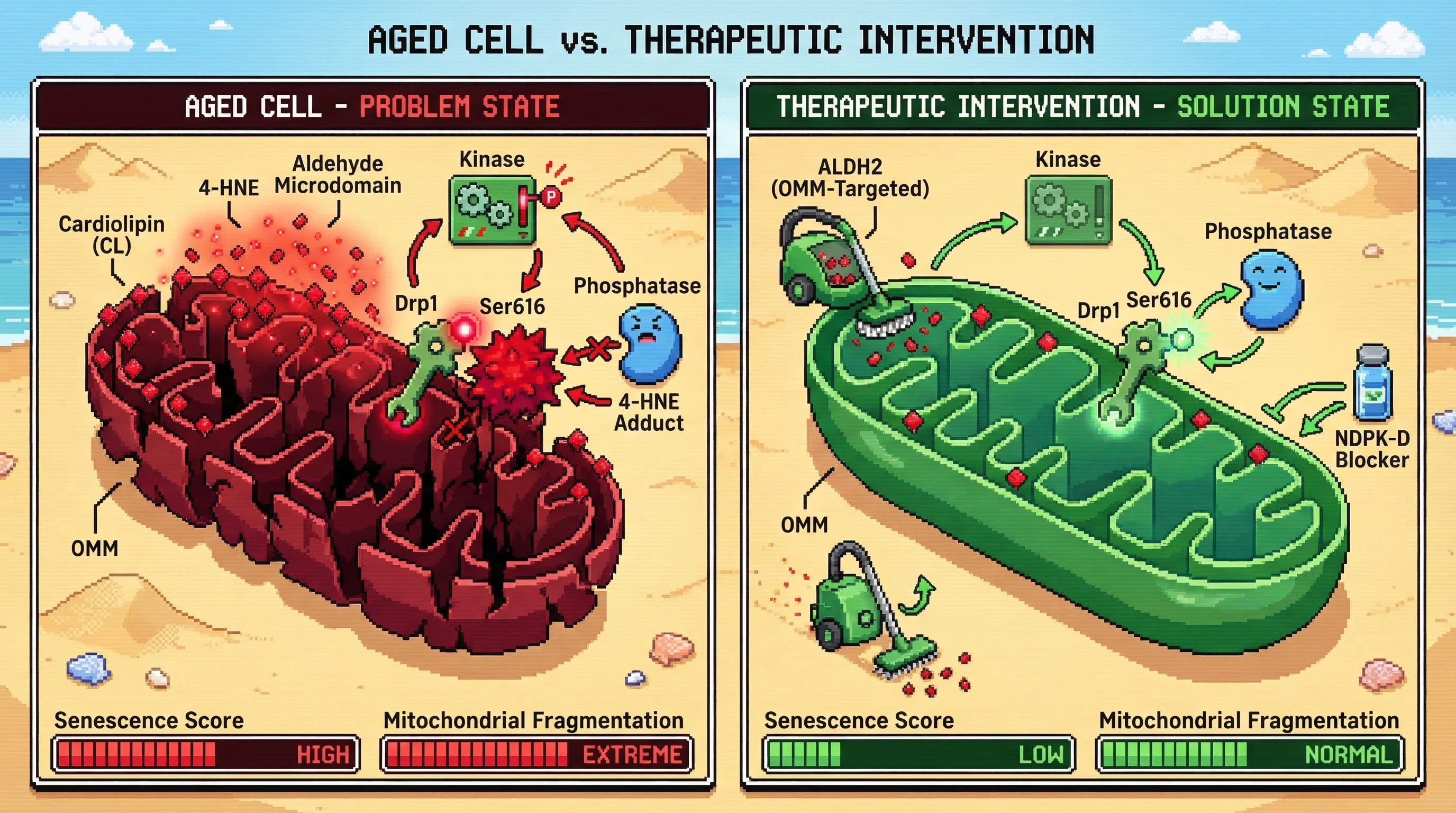 Infographic for: Localized Cardiolipin Peroxidation at the OMM Creates an "Aldehyde Microdomain" that Sterically Locks Drp1 in a Hyperphosphorylated State