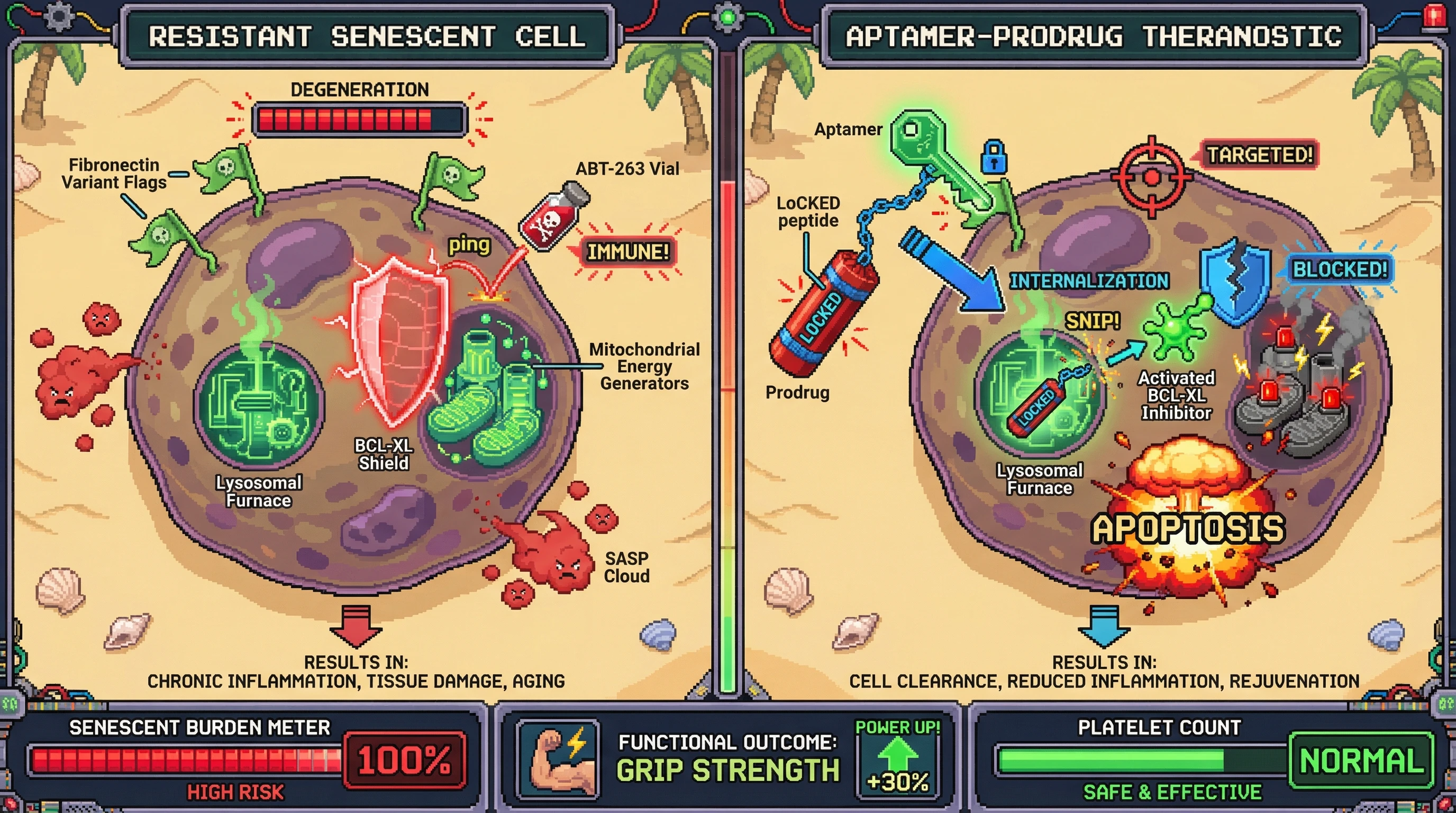 Mechanism: A specialized aptamer-prodrug conjugate targets senescent cells via surface fibronectin, then activates its BCL-XL inhibiting payload in the lysosome, triggering apoptosis. Readout: Readout: This approach leads to over 70% senescent cell reduction, improved grip strength, and normal platelet counts.