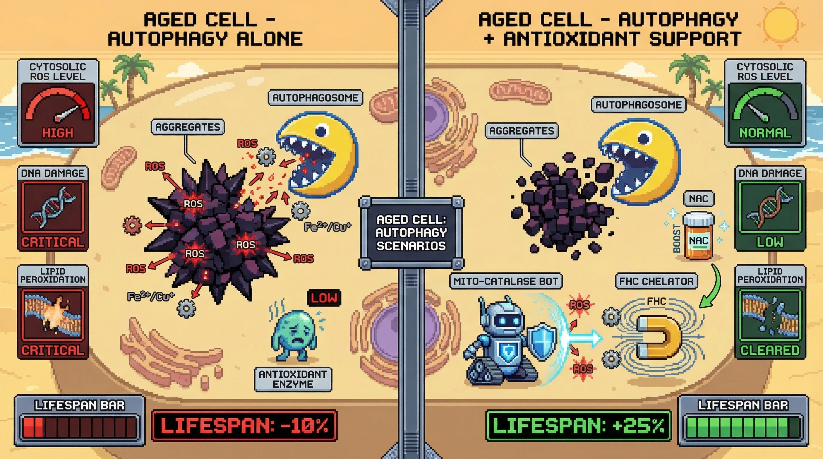 Mechanism: Autophagy alone dissolves protein aggregates, inadvertently releasing sequestered reactive oxygen species (ROS) and redox-active metals into the cytoplasm. Readout: Readout: Combining autophagy enhancement with antioxidant support (mito-catalase, FHC, NAC) prevents ROS spikes, reduces oxidative damage markers, and increases lifespan by 25%.
