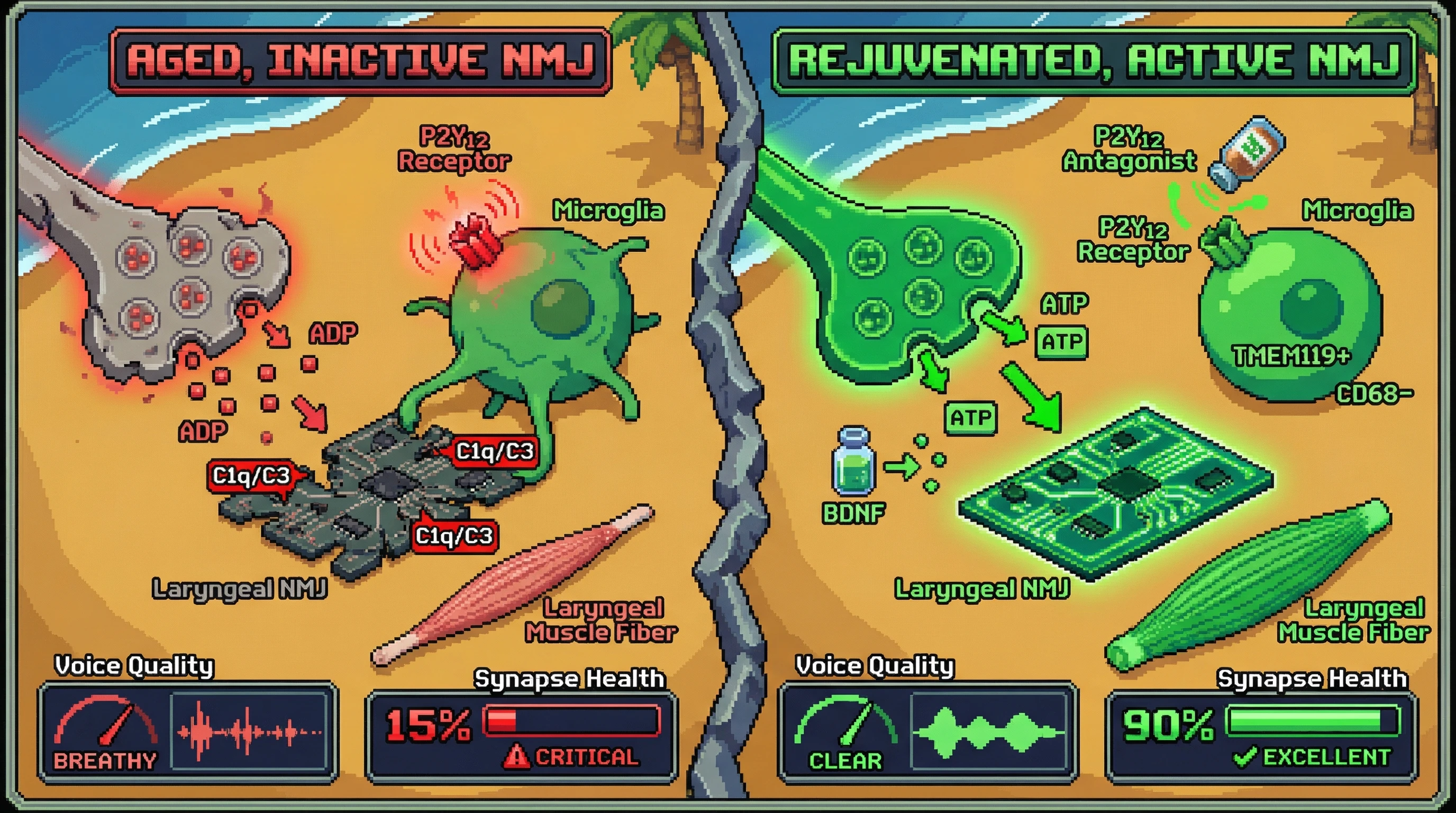 Infographic for: Activity‑Dependent Microglial Pruning of Laryngeal Neuromuscular Junctions Drives Presbyphonia via Metabolic Inefficiency Signals