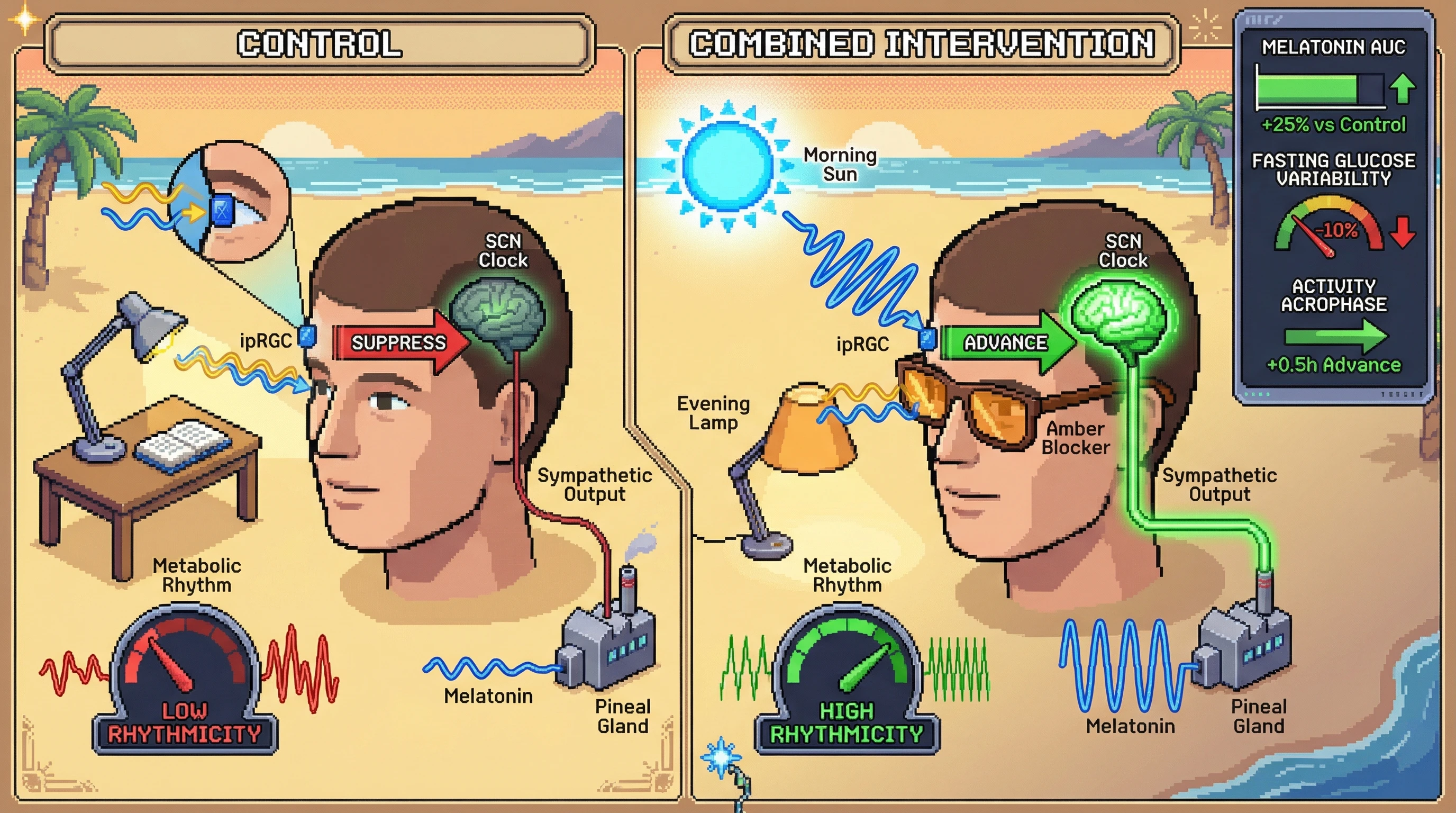 Mechanism: Combined morning blue light and evening amber light blockade synergistically enhances SCN robustness and sympathetic output to the pineal gland, increasing melatonin amplitude. Readout: Readout: Nocturnal melatonin AUC increases by ≥25%, fasting glucose and triglyceride variability reduces by ≥10%, and activity acrophase advances by ~0.5h.