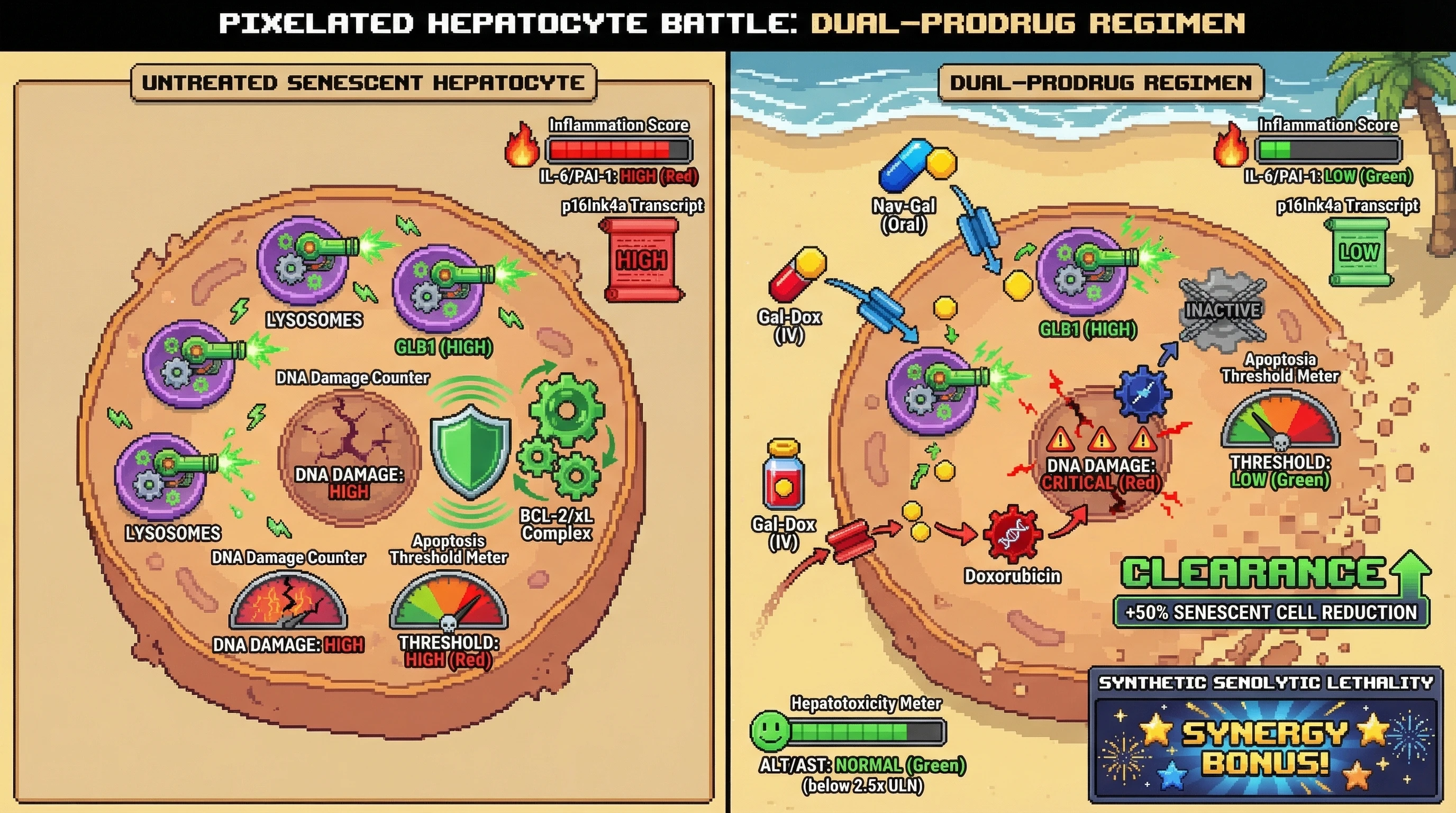 Infographic for: A dual-GLB1-activated prodrug regimen combining sub-threshold Gal-Dox with Nav-Gal exploits synthetic senolytic letha...