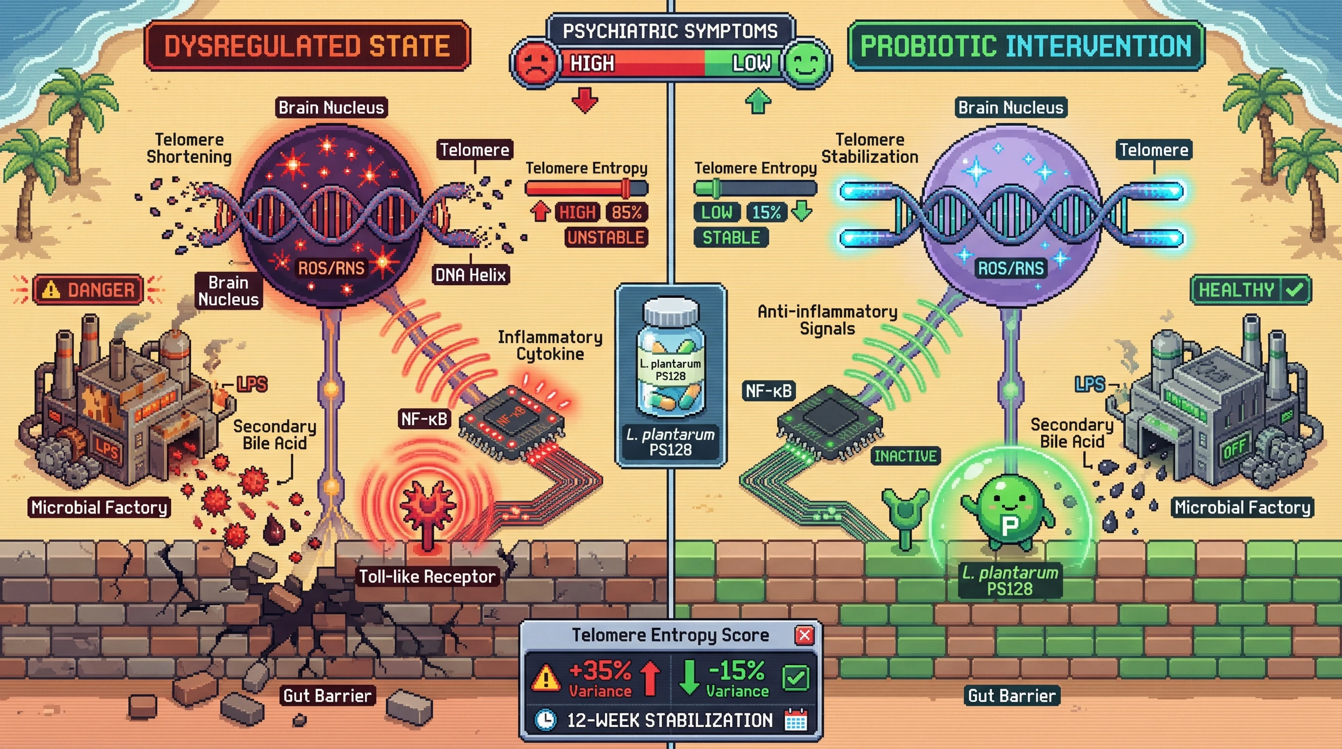 Infographic for: Microbial Noise Increases Nuclear Informational Entropy, Accelerating Telomere Shortening as a Biomarker of Gut‑Brain Axis Dysregulation in Psychiatric Disorders