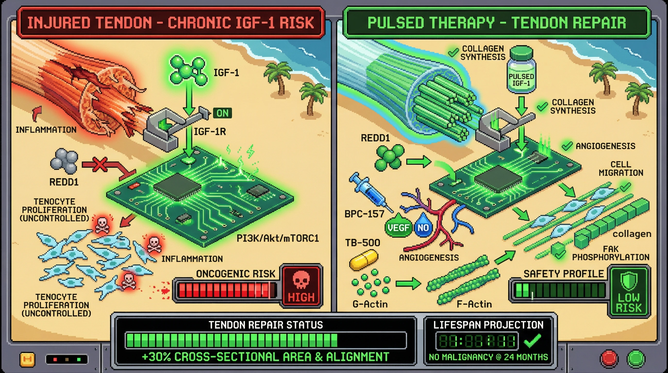 Infographic for: Pulsed Low-Dose IGF-1 Combined with BPC-157 and TB-500 Accelerates Tendon Healing via Transient mTOR Activation and Actin‑Mediated Tenocyte Migration While Limiting Oncogenic Risk