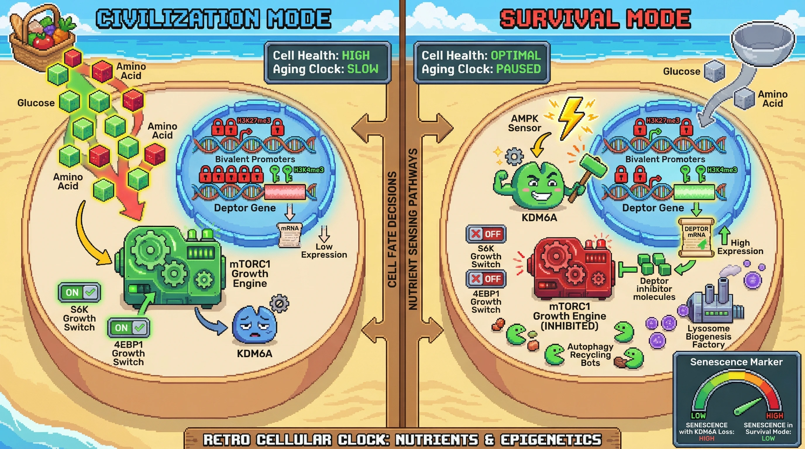 Infographic for: KDM6A as a chromatin-based nutrient sensor that toggles cellular civilization versus survival via H3K27me3 demethylation at bivalent promoters