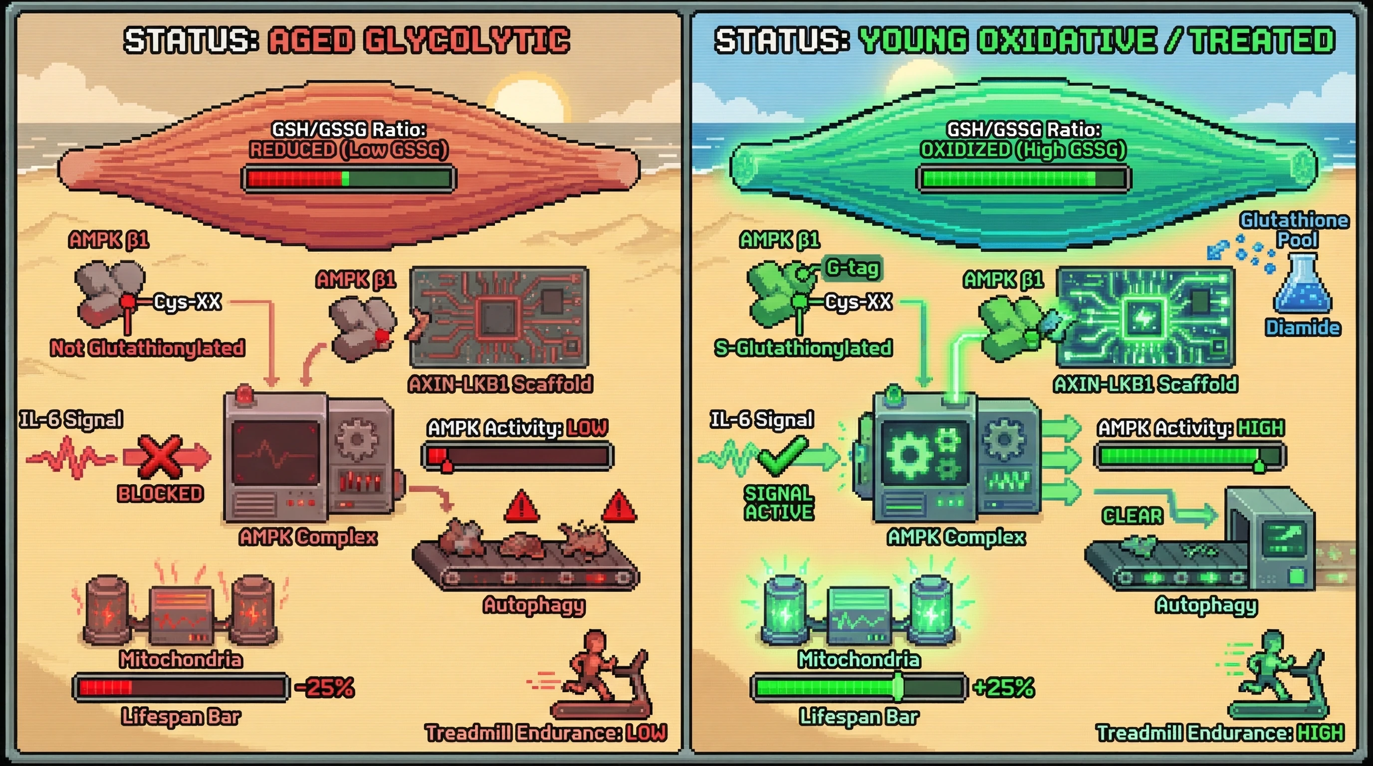 Infographic for: Redox-Switch Regulation of AMPK by Muscle-Specific Glutathionylation Determines Fiber-Type Selective Longevity Signaling