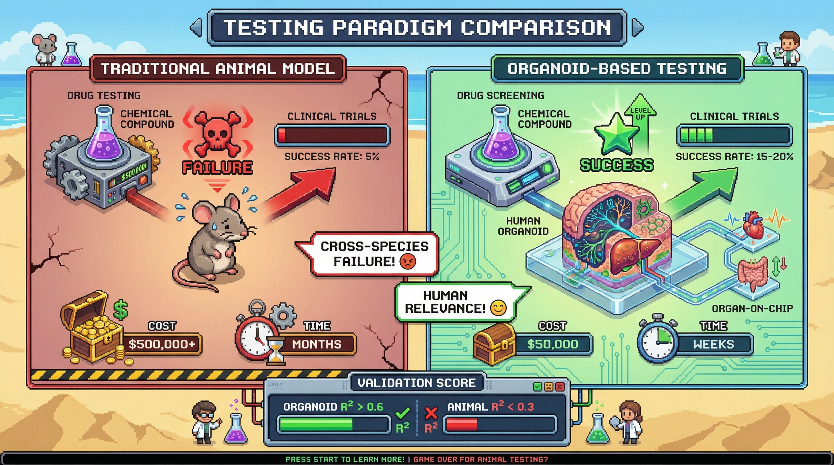 This infographic contrasts traditional animal models with advanced human organoid-based drug testing, highlighting how organoids offer significantly higher clinical success rates, lower costs, and faster development times by eliminating cross-species translation failures.