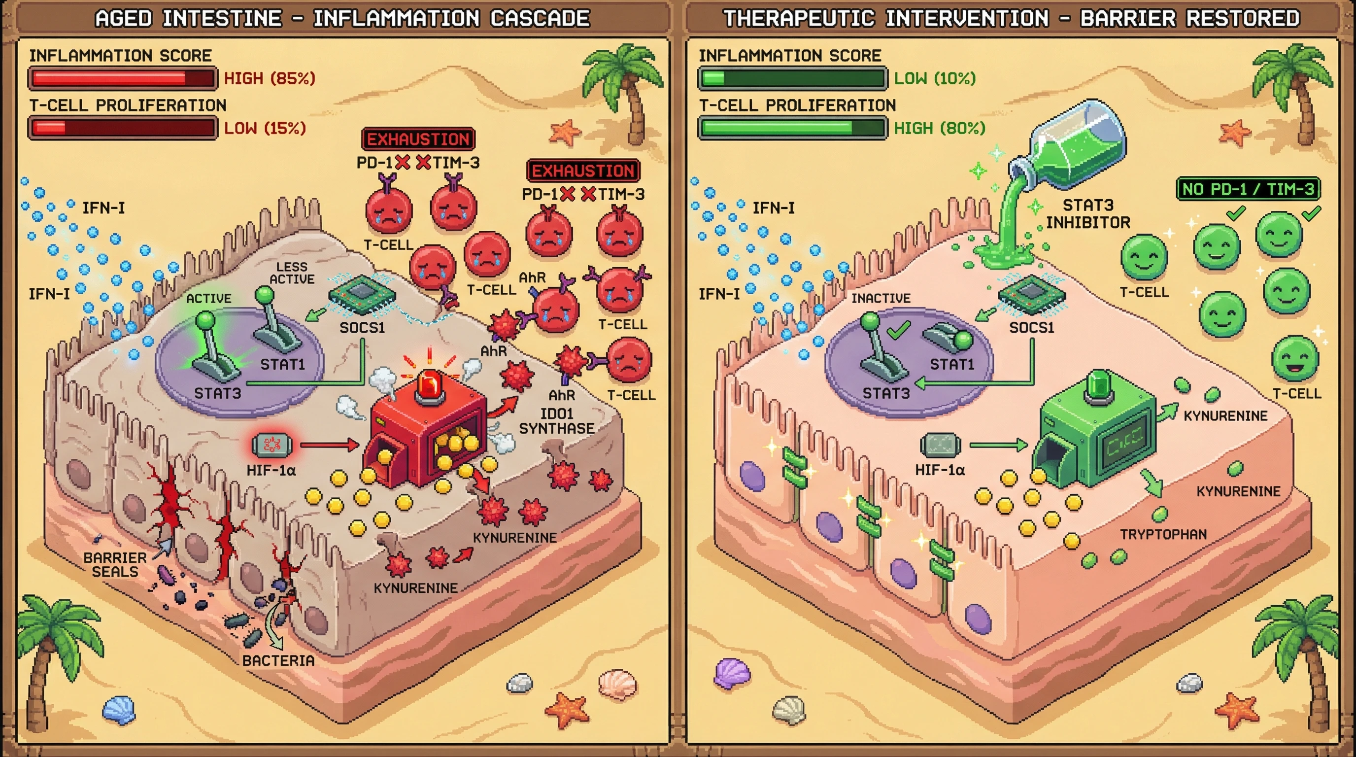 Mechanism: Chronic IFN-I signaling in aged gut epithelium activates STAT3, inducing IDO1 which produces kynurenine, leading to T-cell exhaustion and barrier leak. Readout: Readout: Inhibiting epithelial STAT3 reduces IDO1 and kynurenine, decreasing inflammation score from 85% to 10% and increasing T-cell proliferation from 15% to 80%.