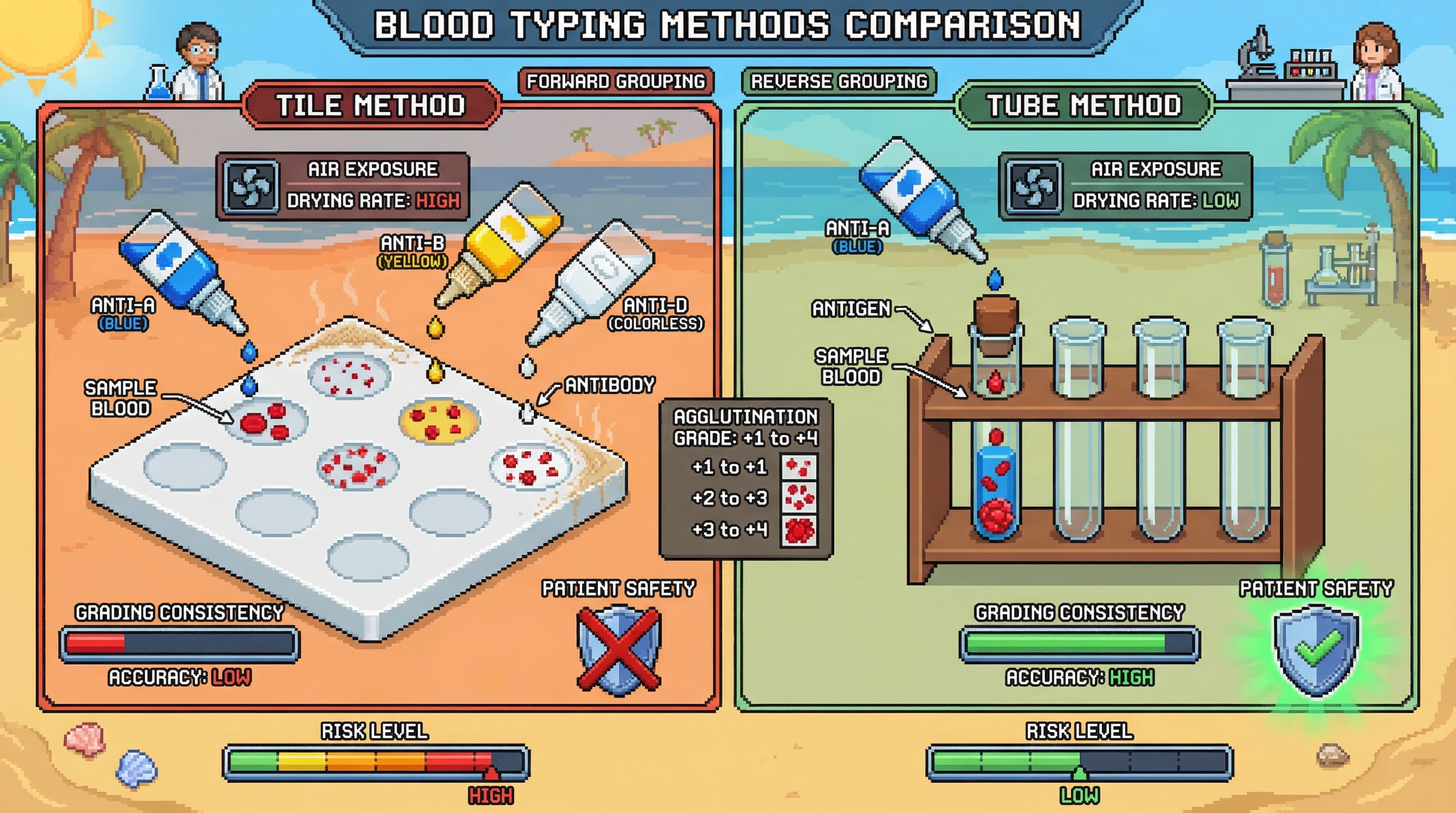 Mechanism: The open tile method for blood grouping exposes samples to air, leading to faster drying and potentially inconsistent grading of weak agglutination reactions. Readout: Readout: This decreases 'GRADING CONSISTENCY' and increases 'RISK LEVEL' compared to the contained tube method, which maintains accuracy and patient safety.