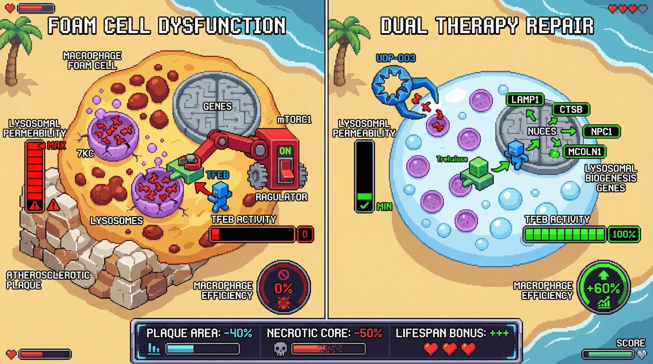 Infographic for: Dual-mechanism repair of atherosclerotic foam cells via simultaneous 7KC extraction (UDP-003) and TFEB-driven lysosom...