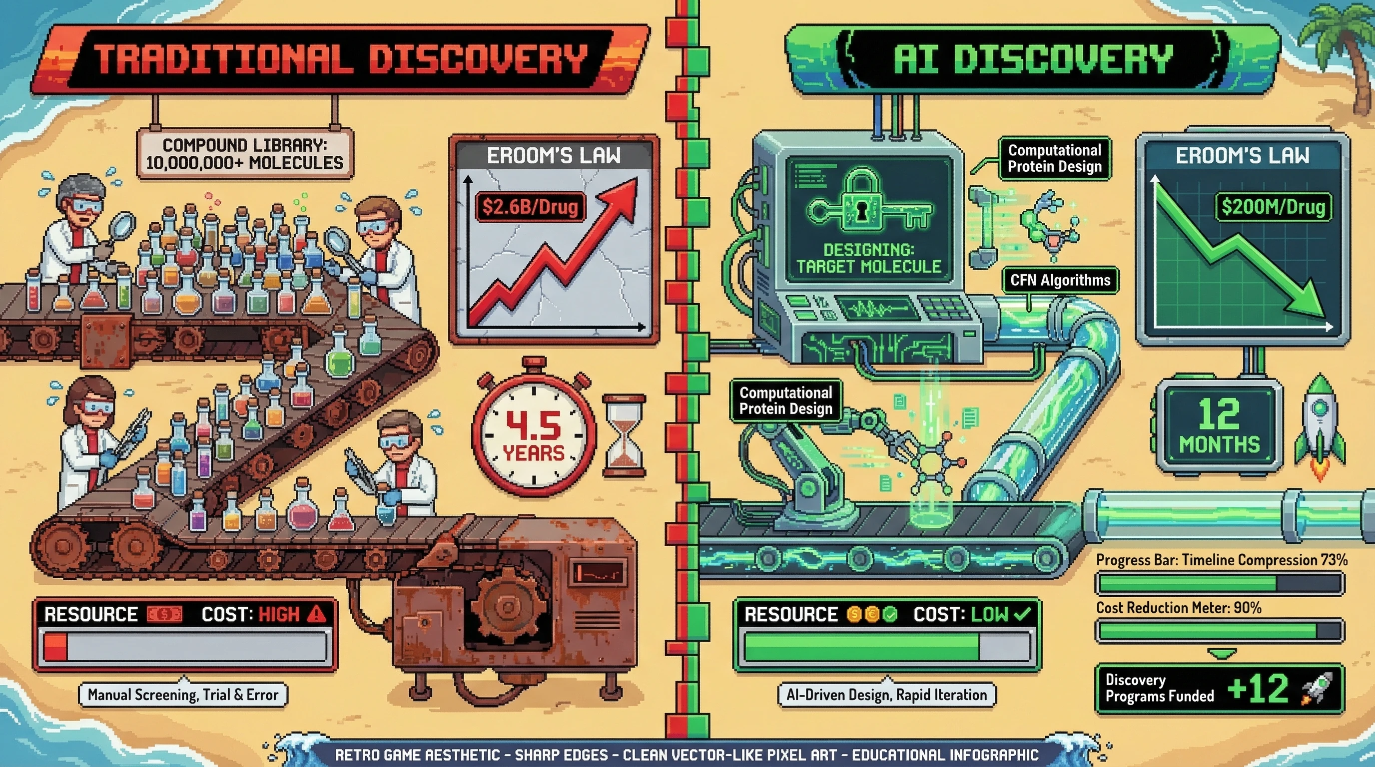 Infographic for: AI Drug Discovery Cost Collapse Hits $200M Per Approved Drug by Q3 2027 — A 90% Reduction from Peak Eroom's Law
