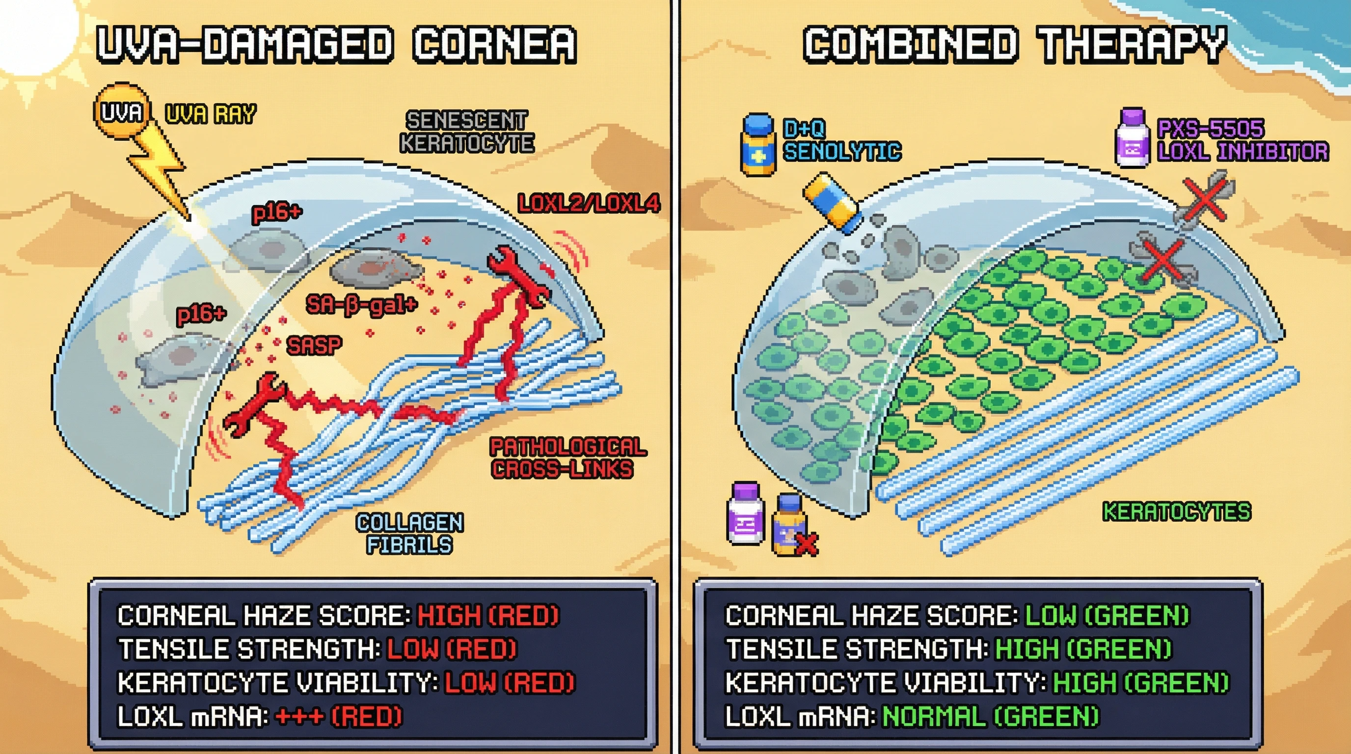 Infographic for: UVA-Induced Keratocyte Senescence Drives Aberrant Lysyl Oxidase–Like Mediated Collagen Cross-Linking, and Combined Senolytic‑LOXL Inhibition Restores Stromal Transparency