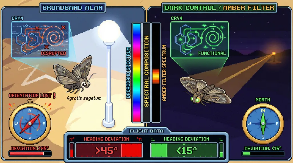Infographic for: Broadband Artificial Light Disrupts Cryptochrome Magnetoreception in Nocturnal Moth Pollinators