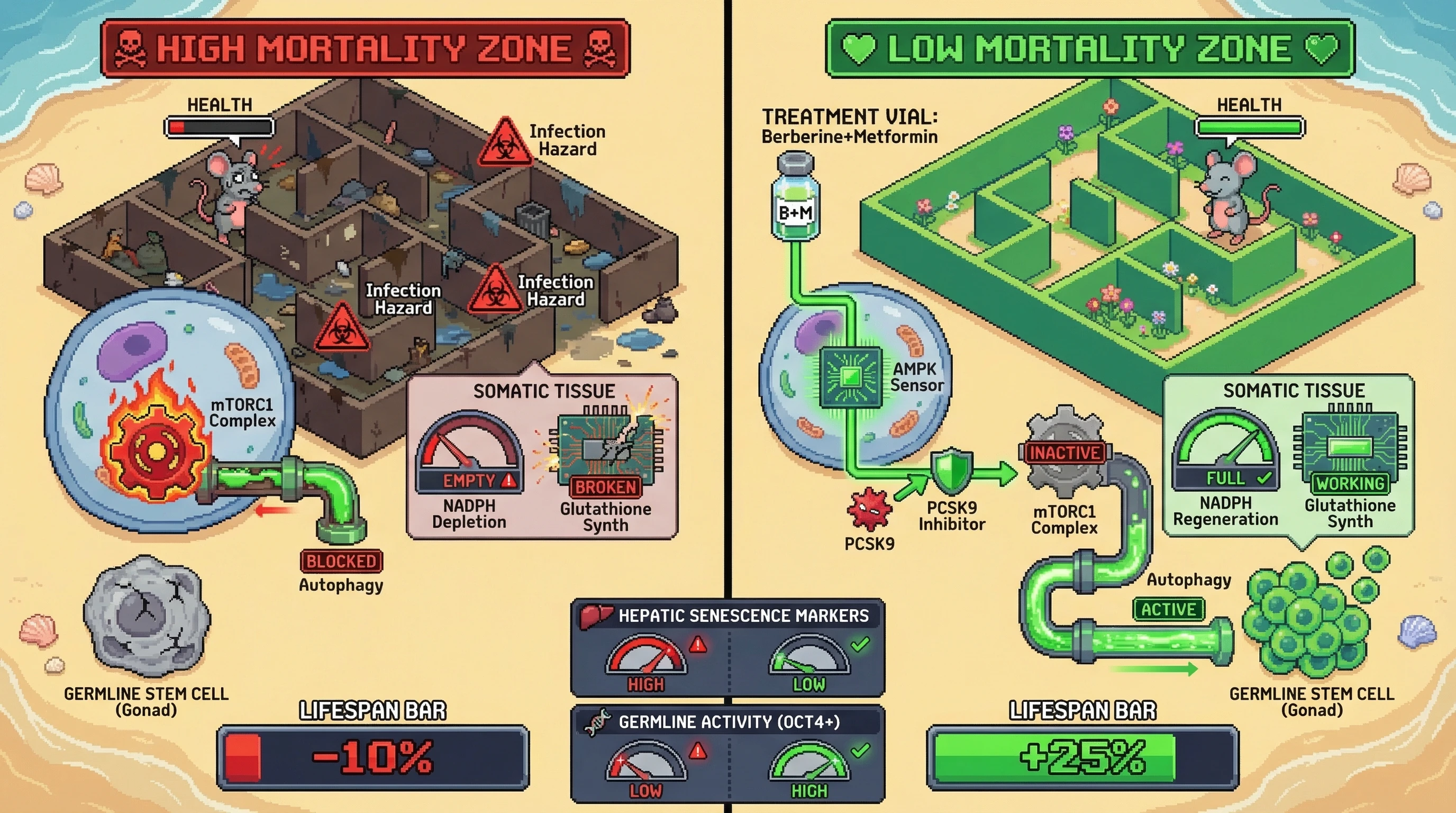 Infographic for: AMPK‑PCSK9 Axis as a Tunable Switch Between Somatic Repair and Germline Resource Allocation
