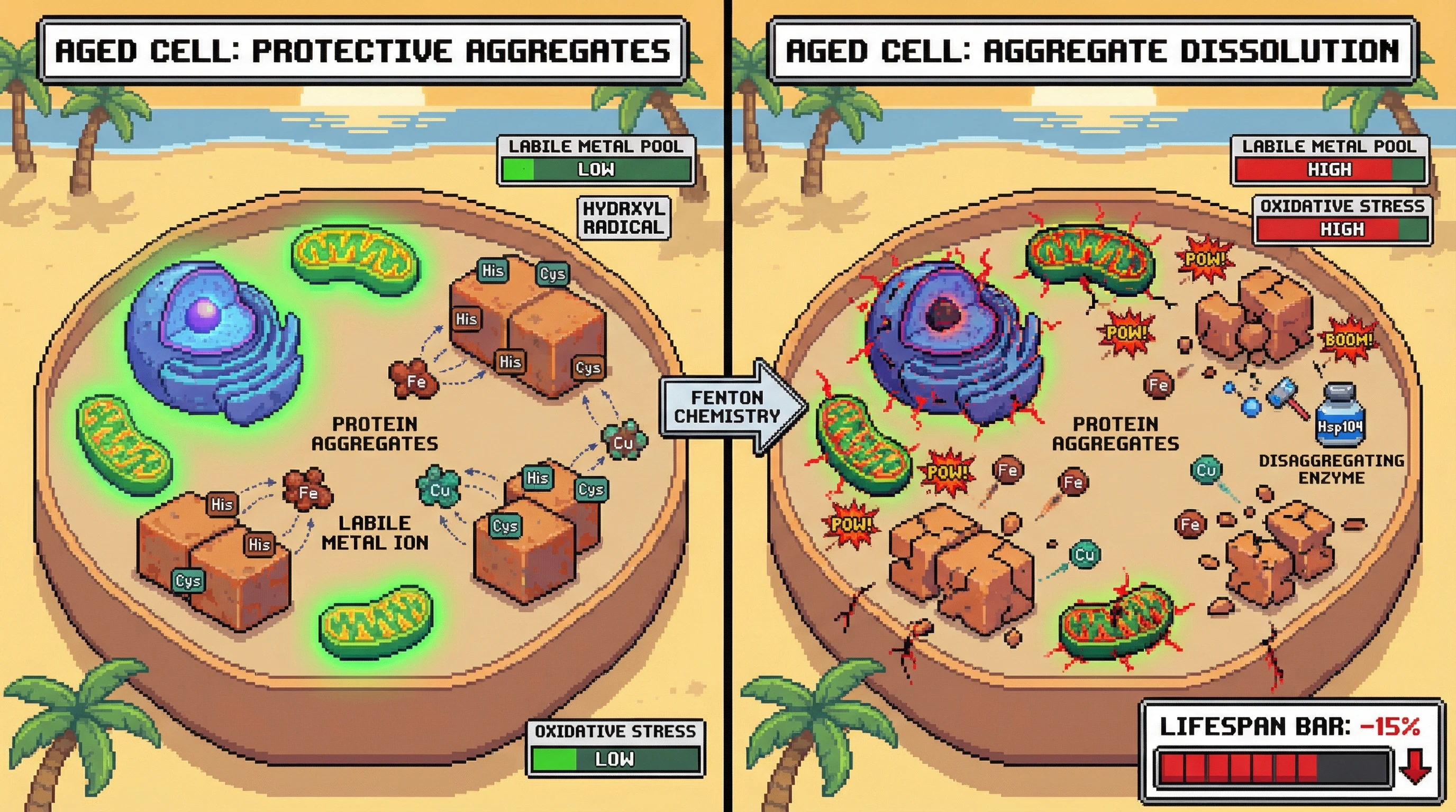 Mechanism: Age-related protein aggregates sequester labile redox-active metal ions (Fe, Cu), preventing Fenton chemistry and oxidative stress in aged cells. Readout: Readout: Intact aggregates maintain low labile metal pools and oxidative stress, while their dissolution releases metals, causing a spike in hydroxyl radicals and decreased lifespan.