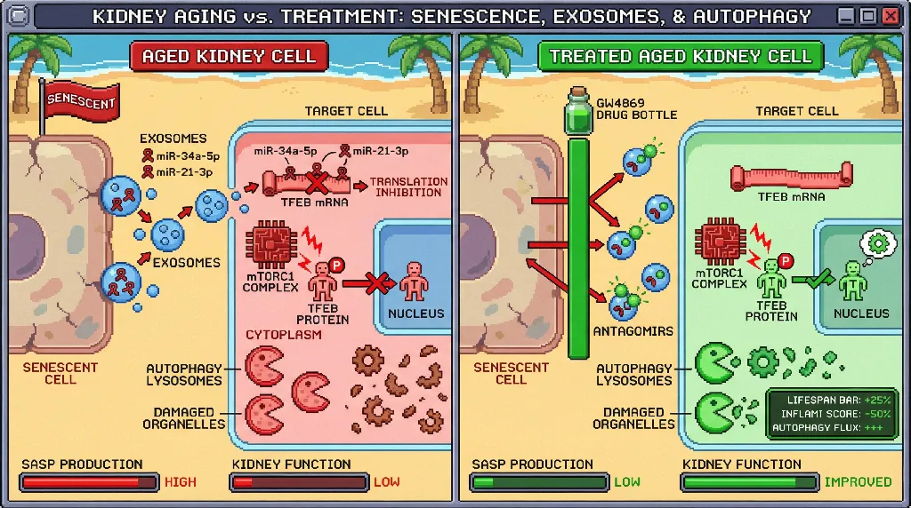 Infographic for: Senescent‑cell exosomal miRNAs enforce autophagy suppression in aging kidneys