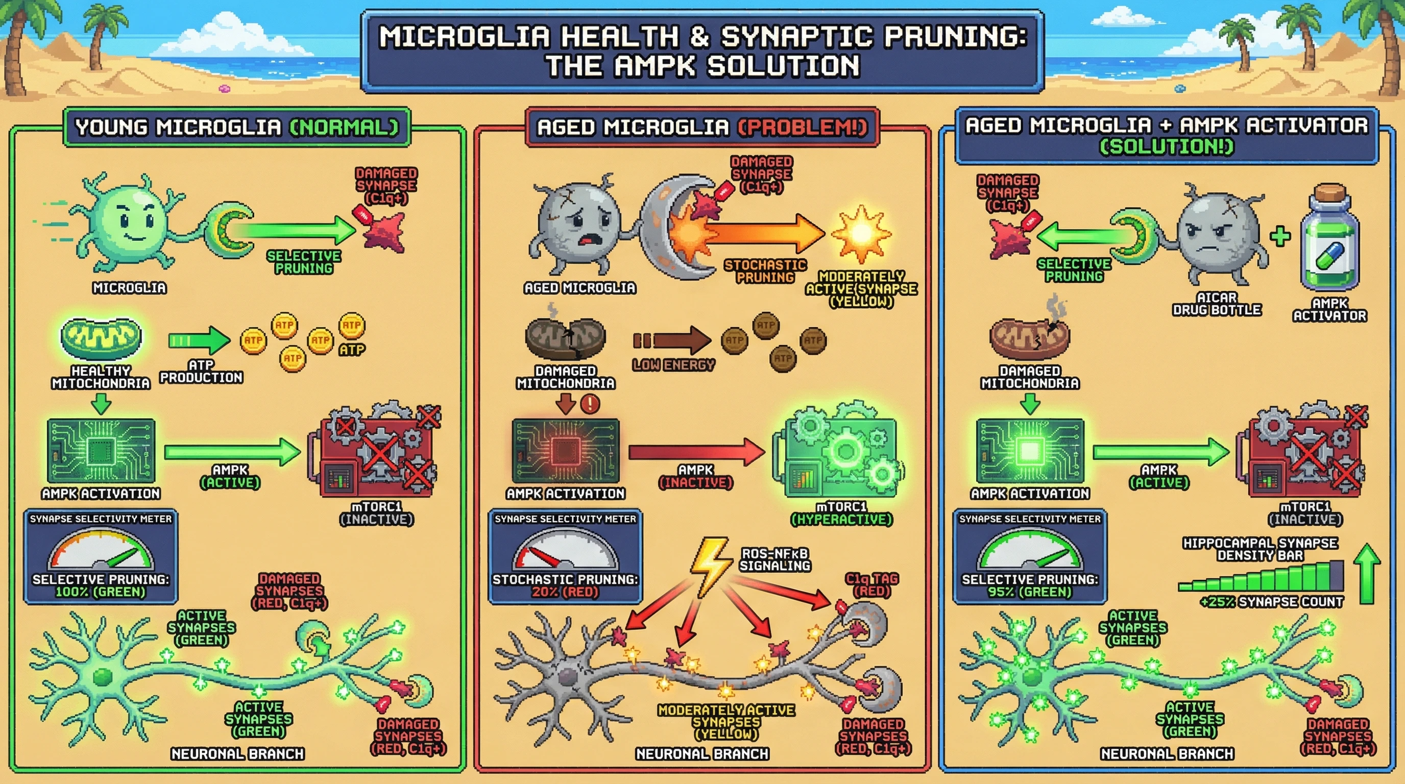 Infographic for: Aging microglia lose metabolic checkpoint control, converting synaptic pruning from selective to stochastic