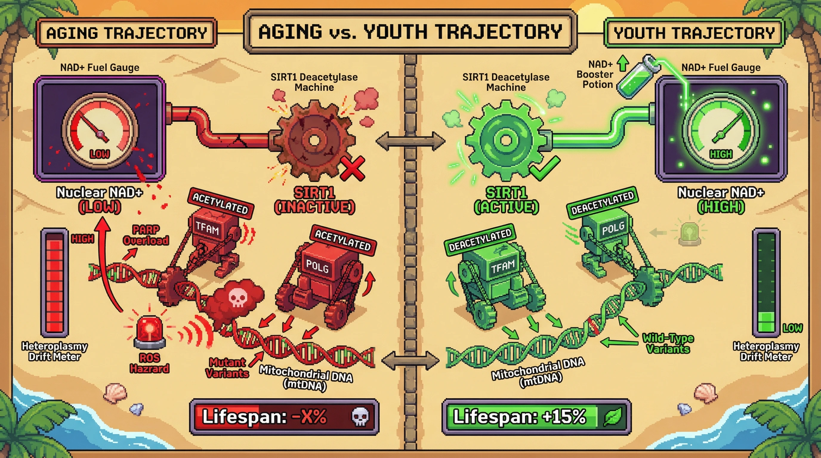 Infographic for: Nuclear NAD+-SIRT1 axis governs mtDNA heteroplasmy drift and determines aging trajectory