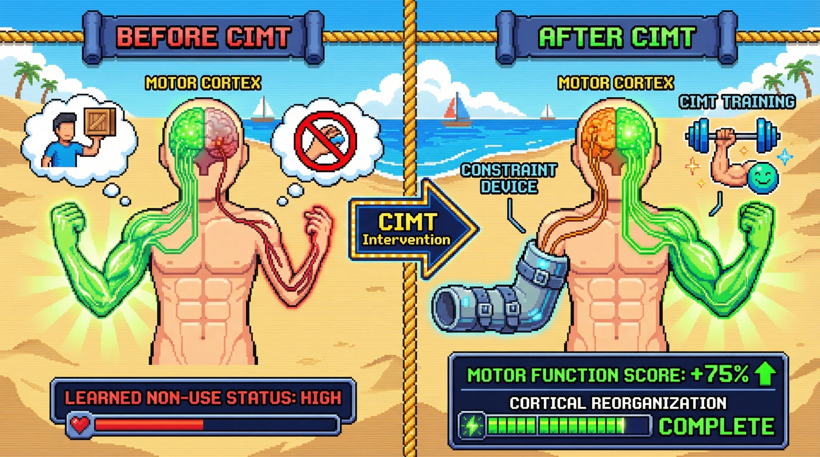 Infographic for: Constraint-induced movement therapy does not just force use—it rewires the motor cortex through competitive plasticity